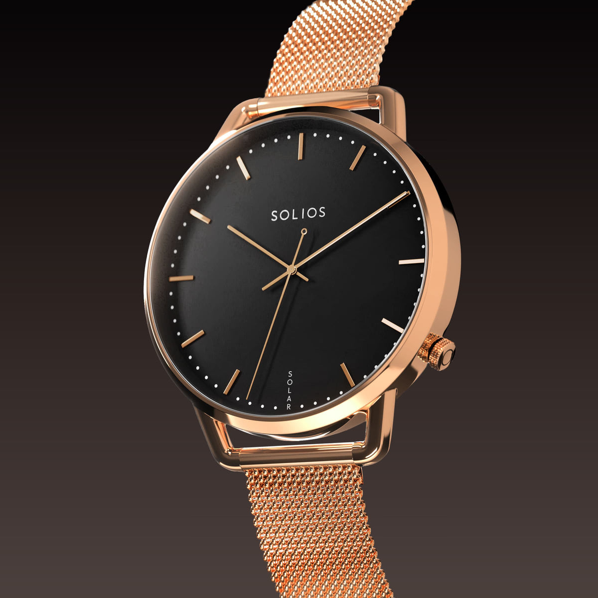 Angled view of the Solar Curve Mini 32mm solar watch, black dial and rose gold case on a rose gold mesh metal strap