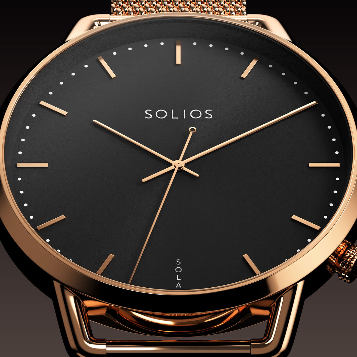 Macro of the Solios Solar Curve Mini black dial with slim rose gold indices and domed sapphire crystal