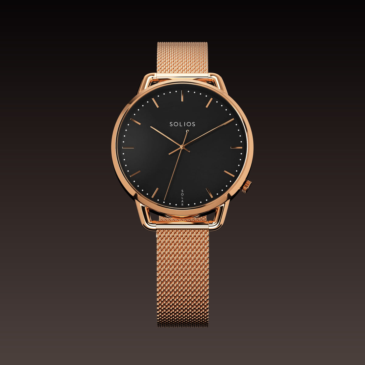 The Solar Curve Mini 32mm solar watch from Solios, front view, black dial in a rose gold case on a rose gold mesh metal strap