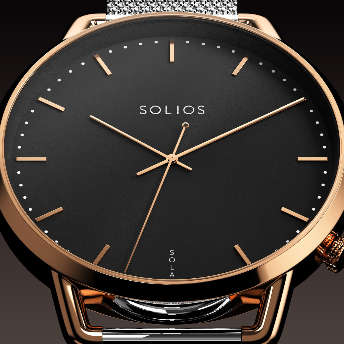 Macro of the Solios Solar Curve Mini black dial with slim rose gold indices and domed sapphire crystal