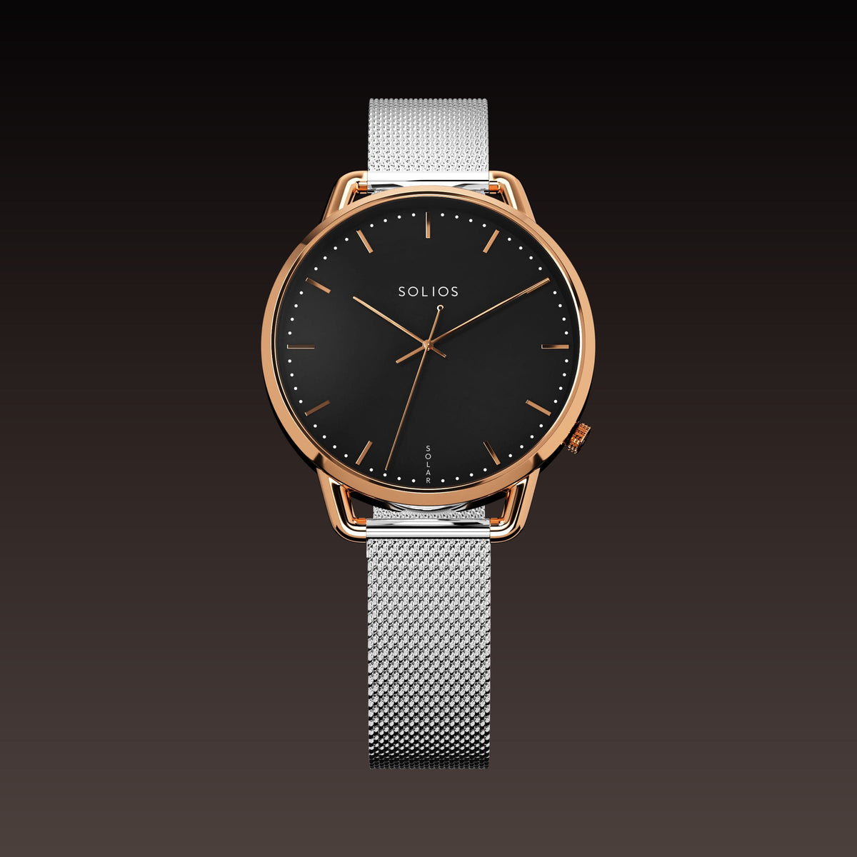 The Solar Curve Mini 32mm solar watch from Solios, front view, black dial in a rose gold case on a silver mesh metal strap