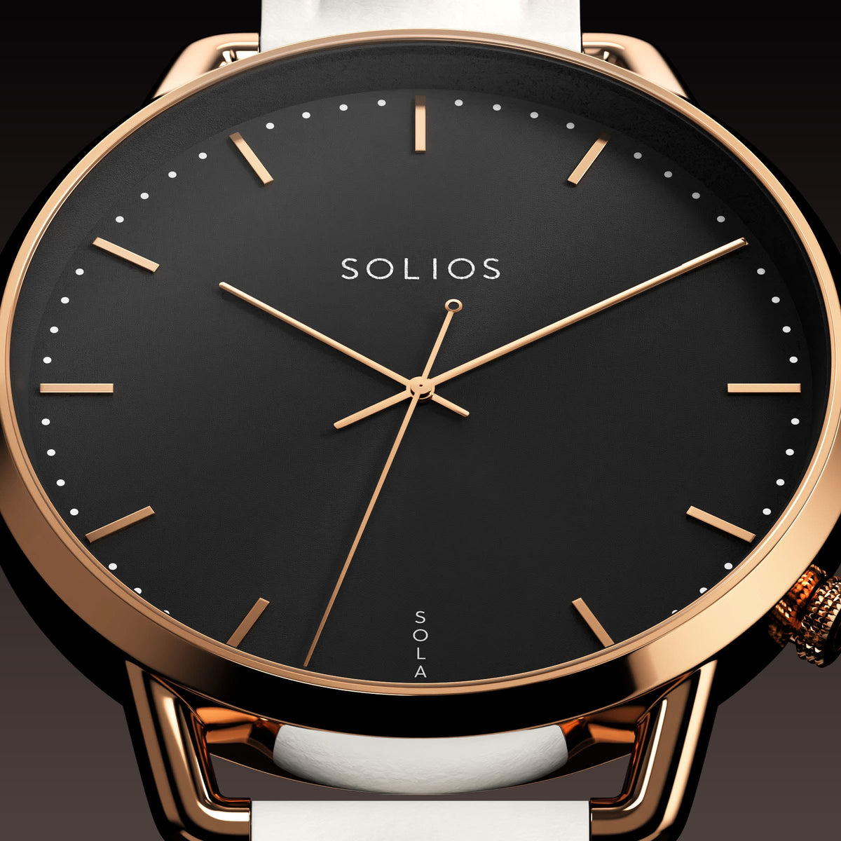 Macro of the Solios Solar Curve Mini black dial with slim rose gold indices and domed sapphire crystal