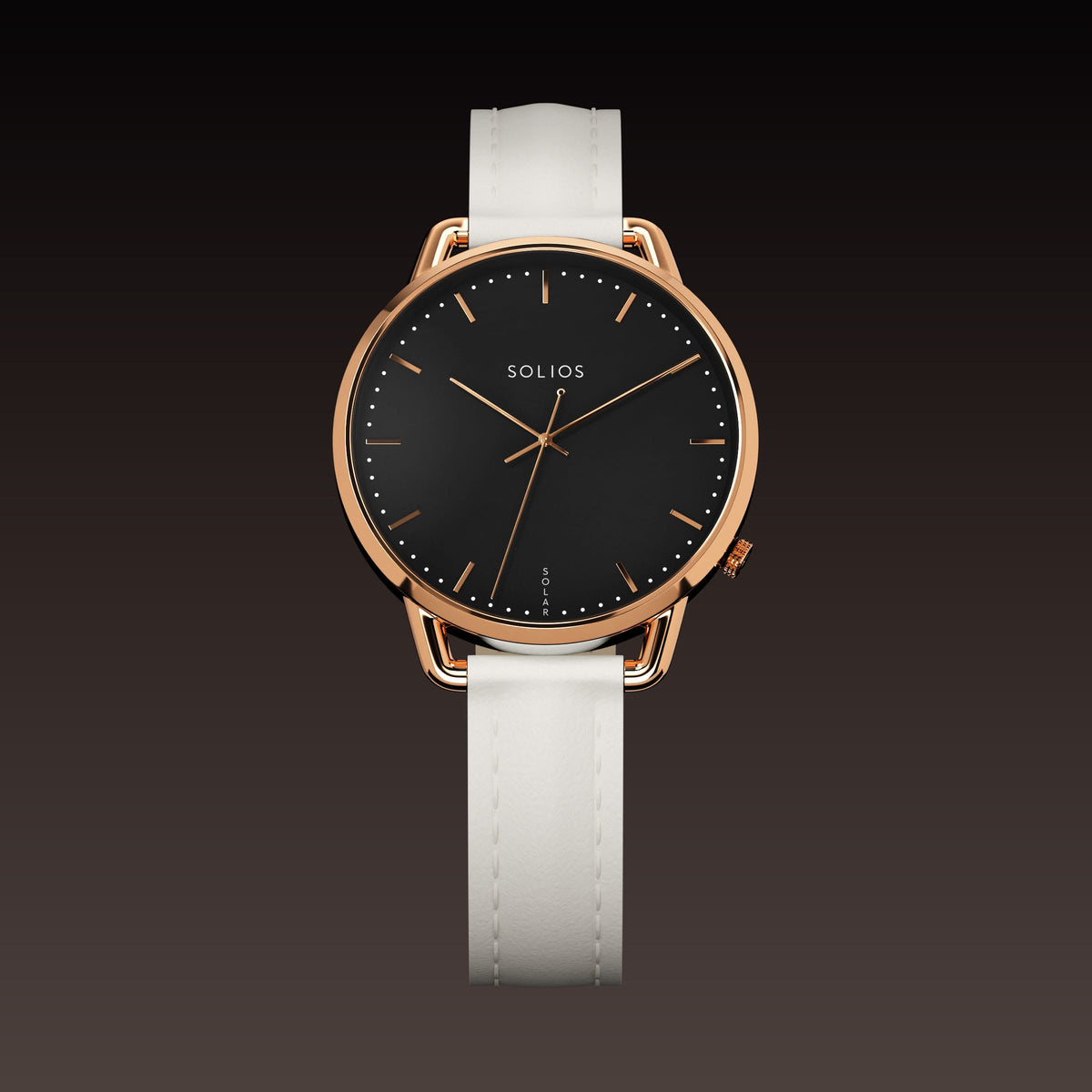 The Solar Curve Mini 32mm solar watch from Solios, front view, black dial in a rose gold case on a white eco vegan leather strap