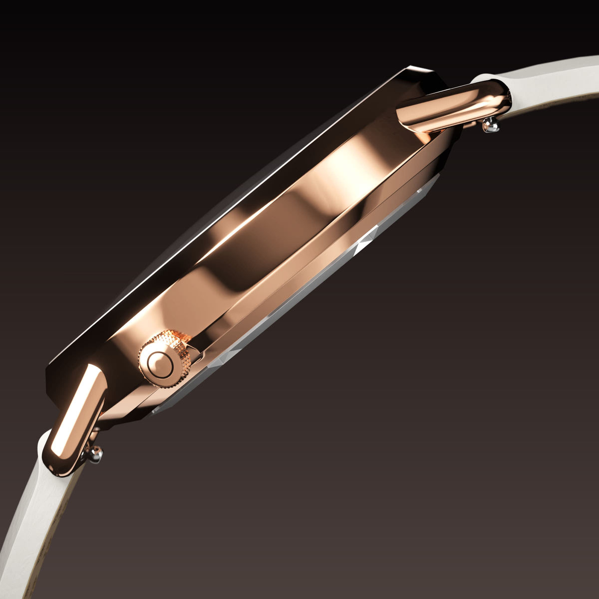 Side profile of the Solar Curve Mini 32mm rose gold case showing the crown at 4 o'clock, on a white eco vegan leather strap