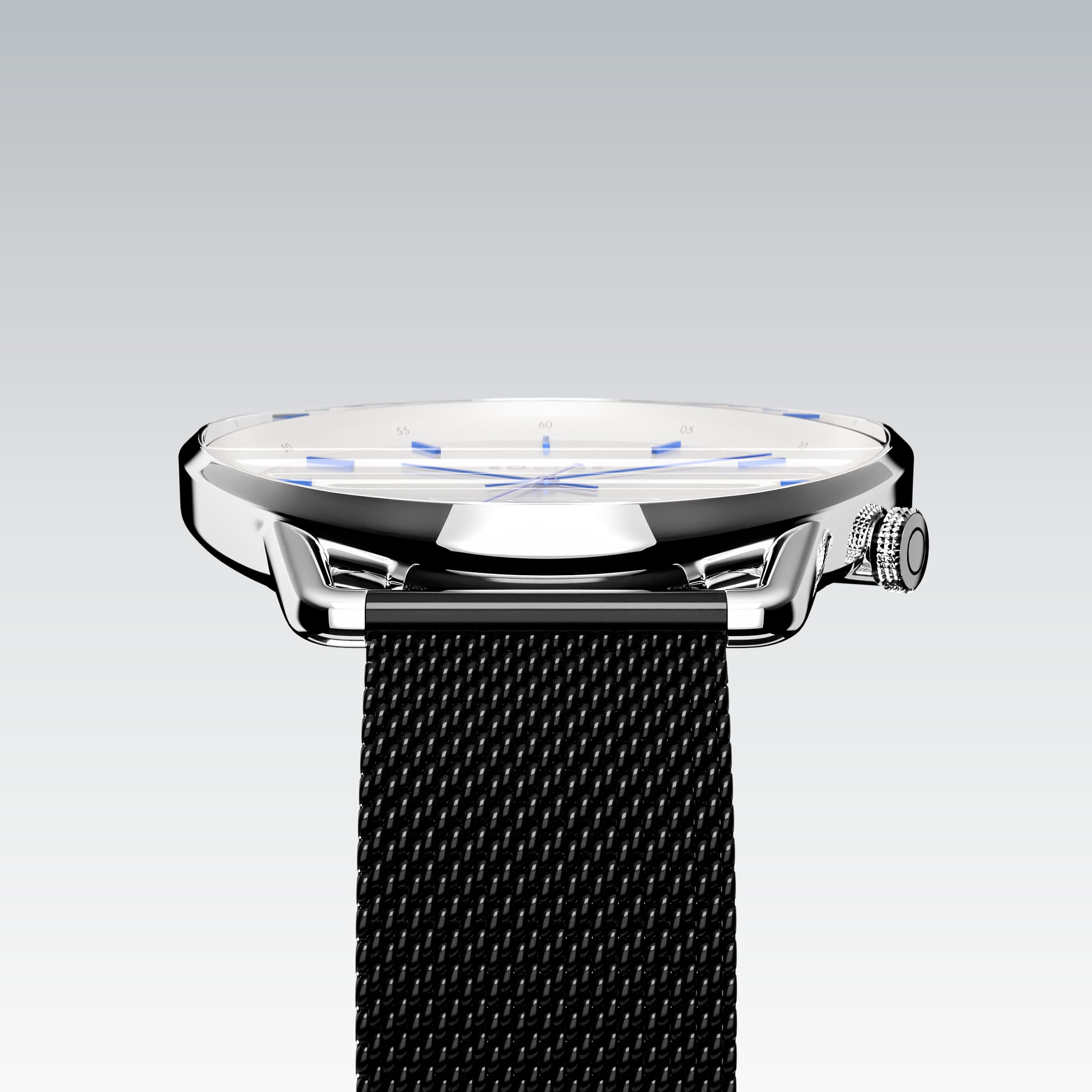 Edge view of the Solios Solar Curve's curved sapphire crystal, white dial and slim silver case, black stainless steel mesh strap