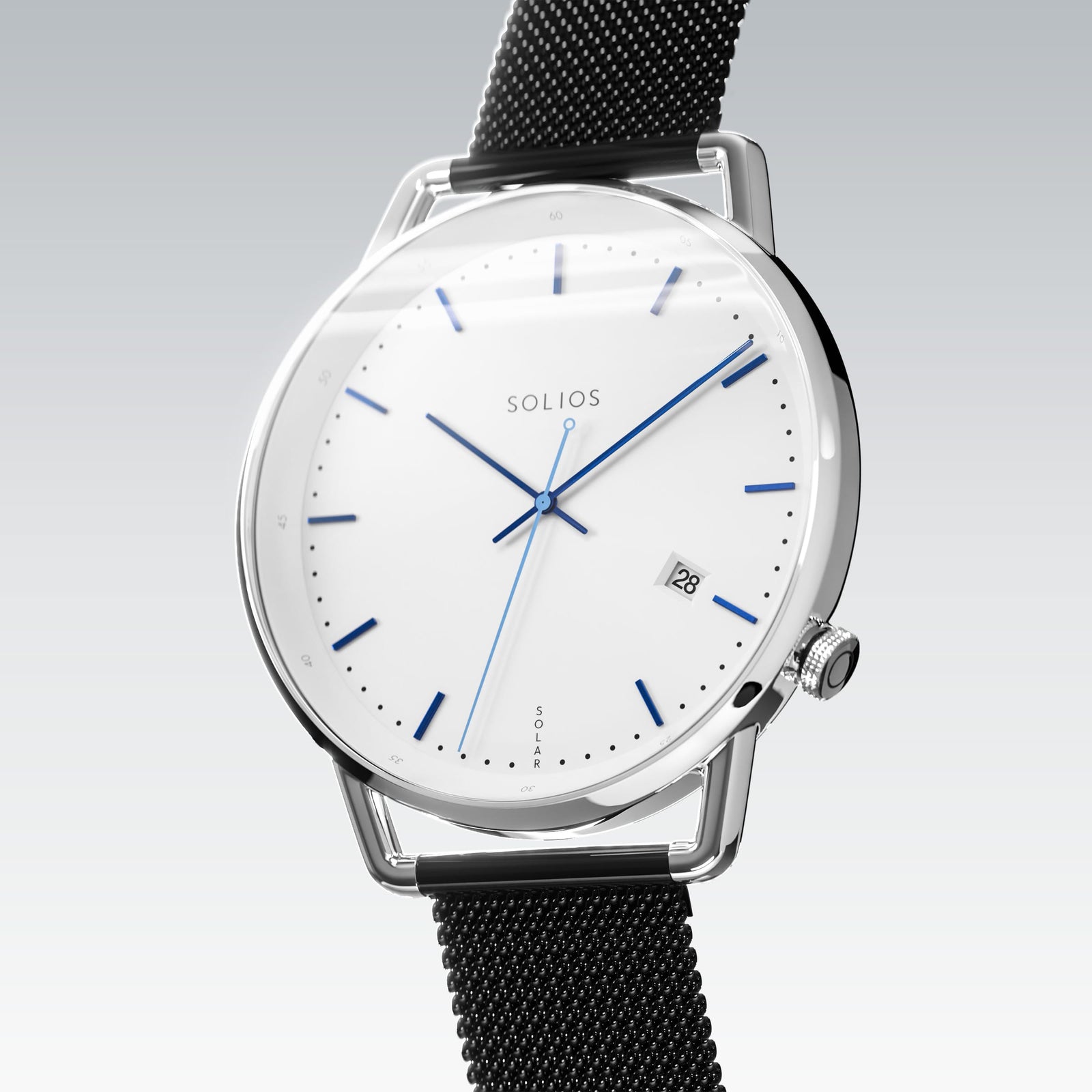 Solios Solar Curve, white dial and silver case, at a three-quarter angle, blue hands and indices, date calendar, curved sapphire crystal, black stainless steel mesh strap.