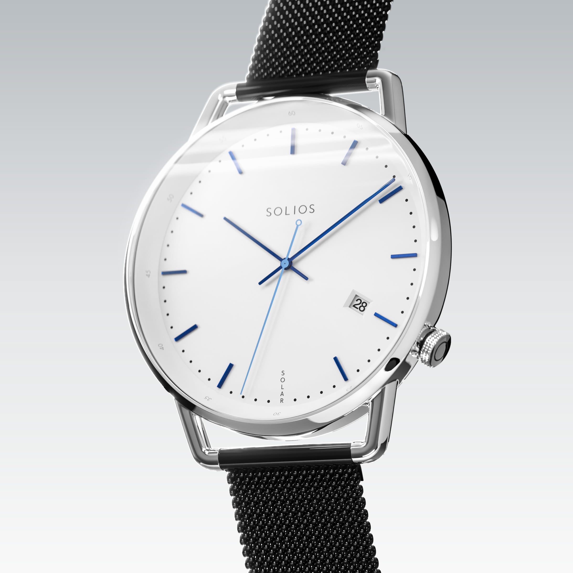 Solios Solar Curve, white dial and silver case, at a three-quarter angle, blue hands and indices, date calendar, curved sapphire crystal, black stainless steel mesh strap.
