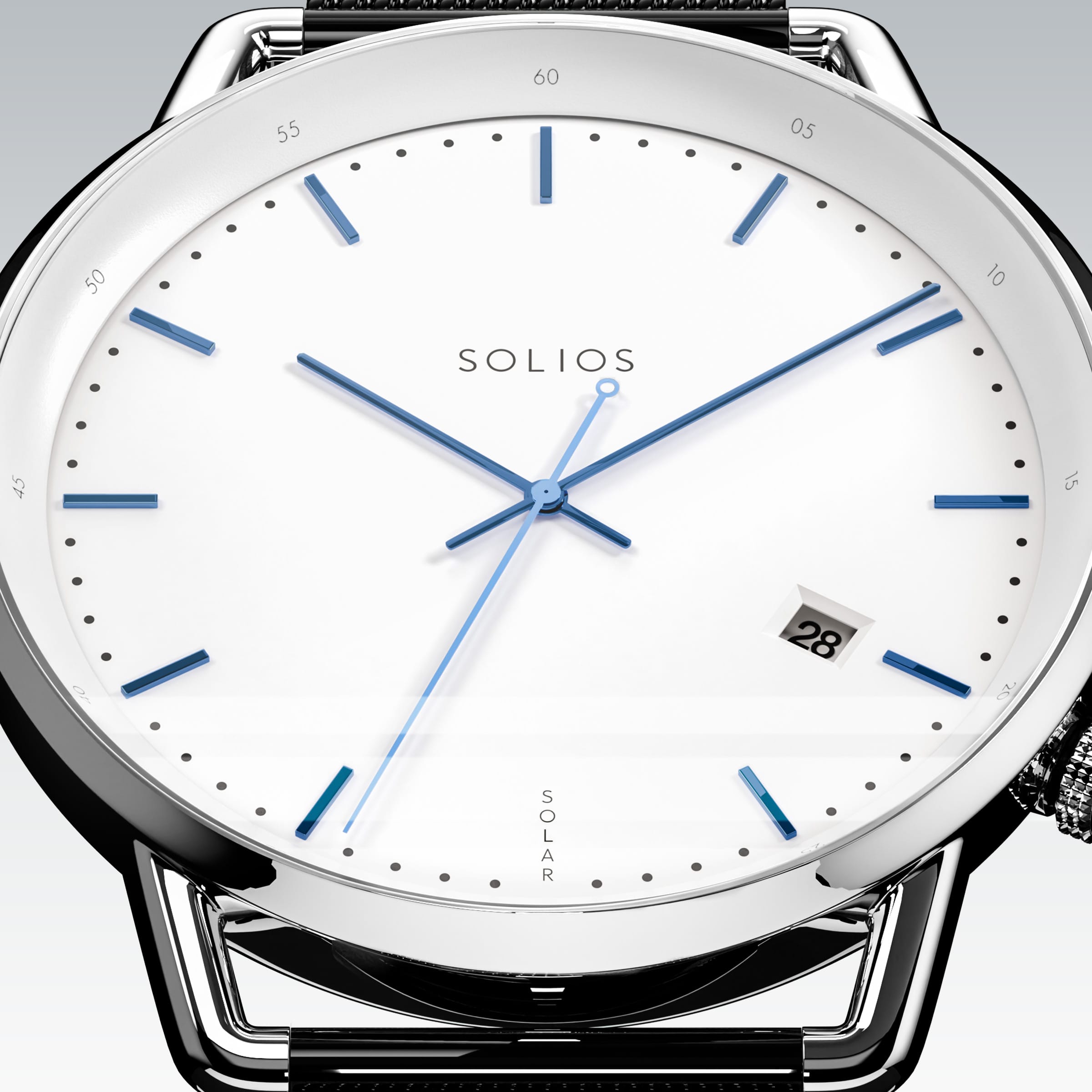 Close-up of the Solios Solar Curve white dial with blue hands, date and SOLAR text, black stainless steel mesh strap