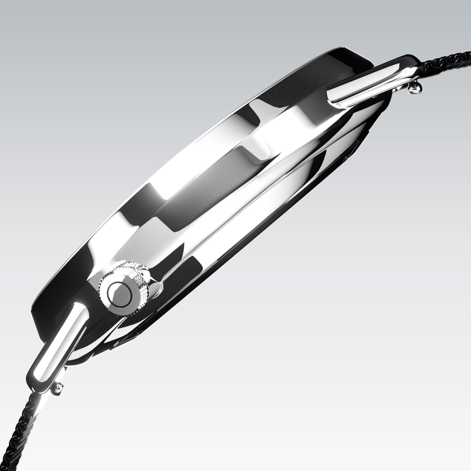 Side profile of the Solios Solar Curve, white dial and silver case, showing its curved sapphire crystal and crown, black stainless steel mesh strap