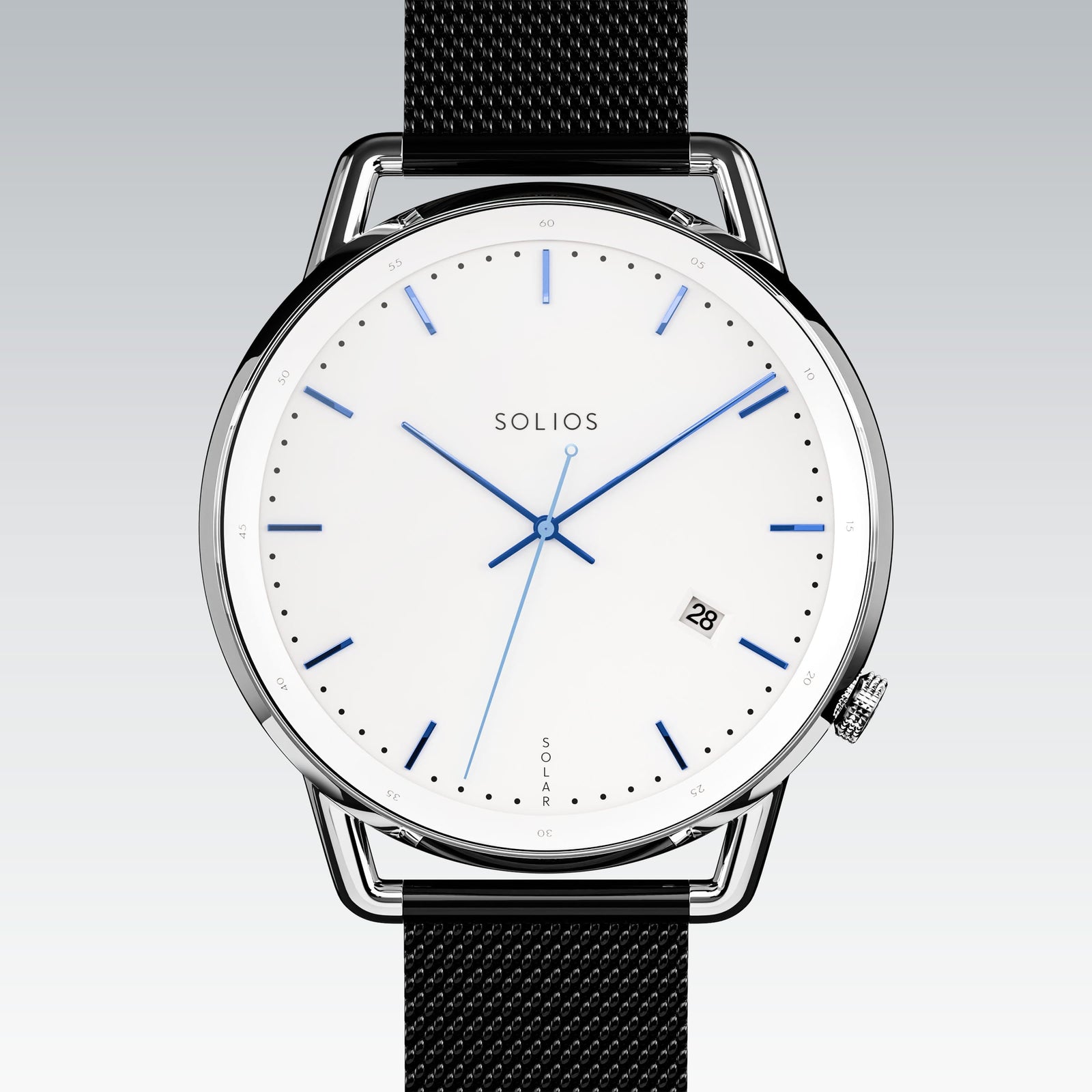 Solios Solar Curve solar watch, white dial and silver 40mm case, black stainless steel mesh strap, close up front view