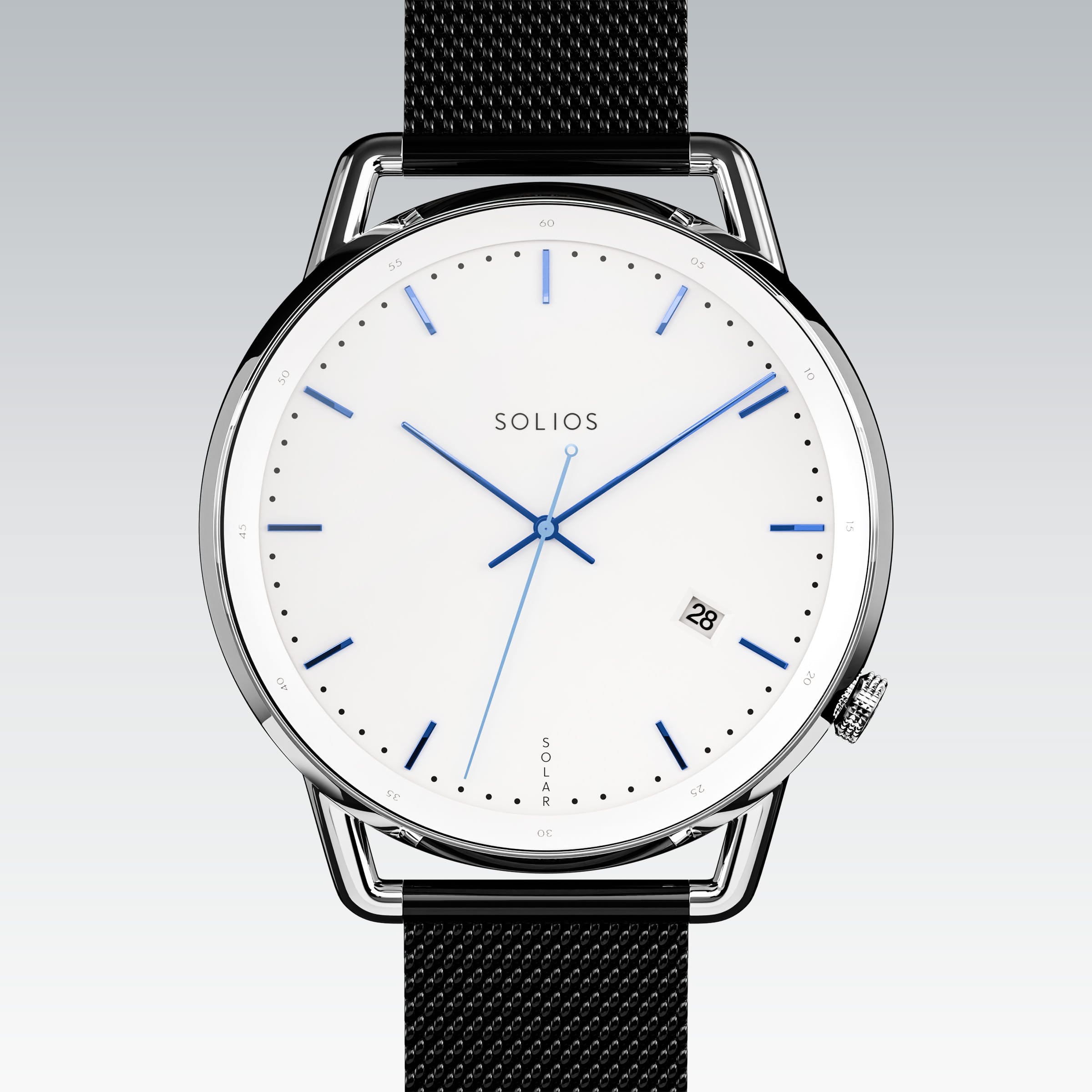 Solios Solar Curve solar watch, white dial and silver 40mm case, black stainless steel mesh strap, close up front view