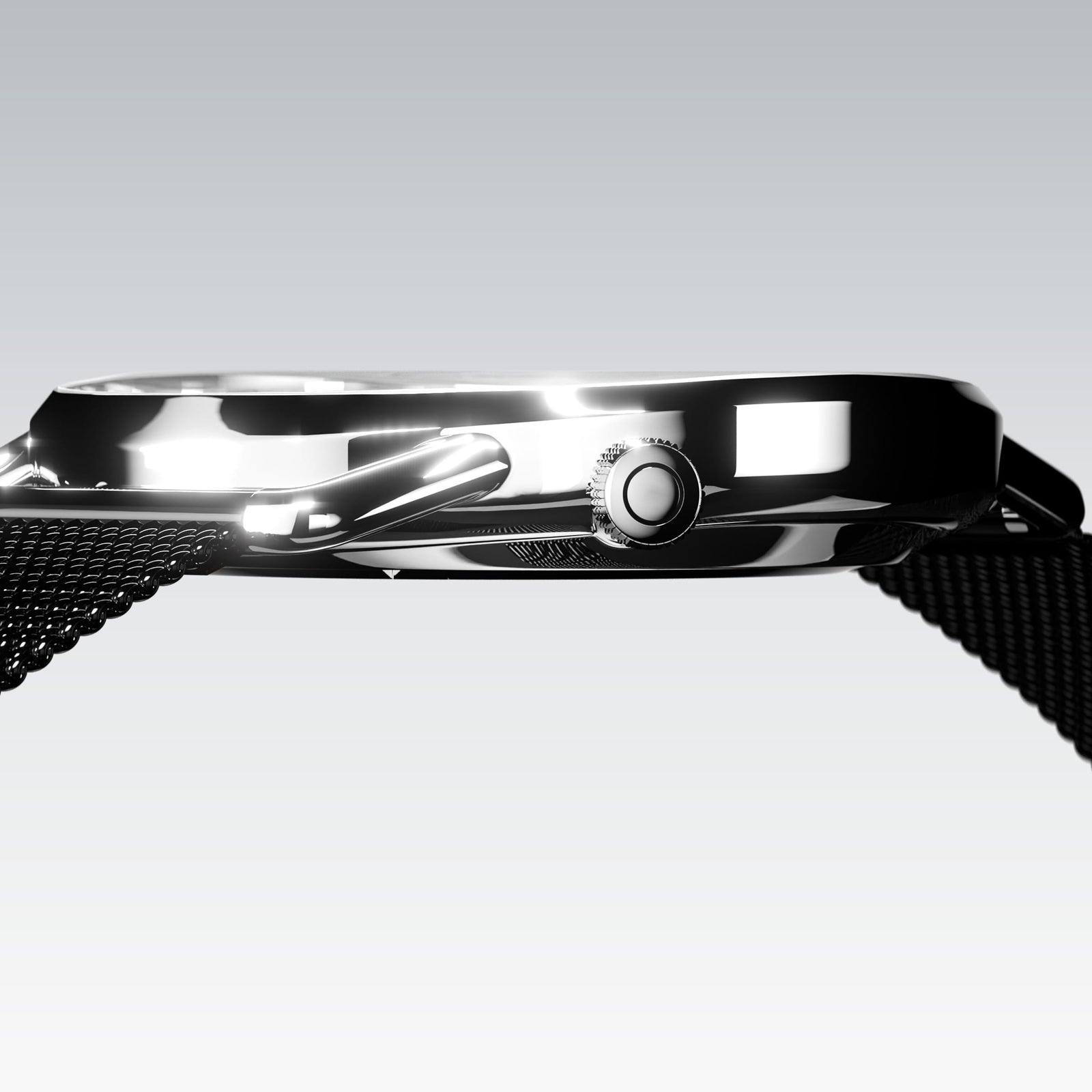 Side profile of the slim Solios Solar Curve, 10mm-thin silver case and crown, the white dial variation, black stainless steel mesh strap