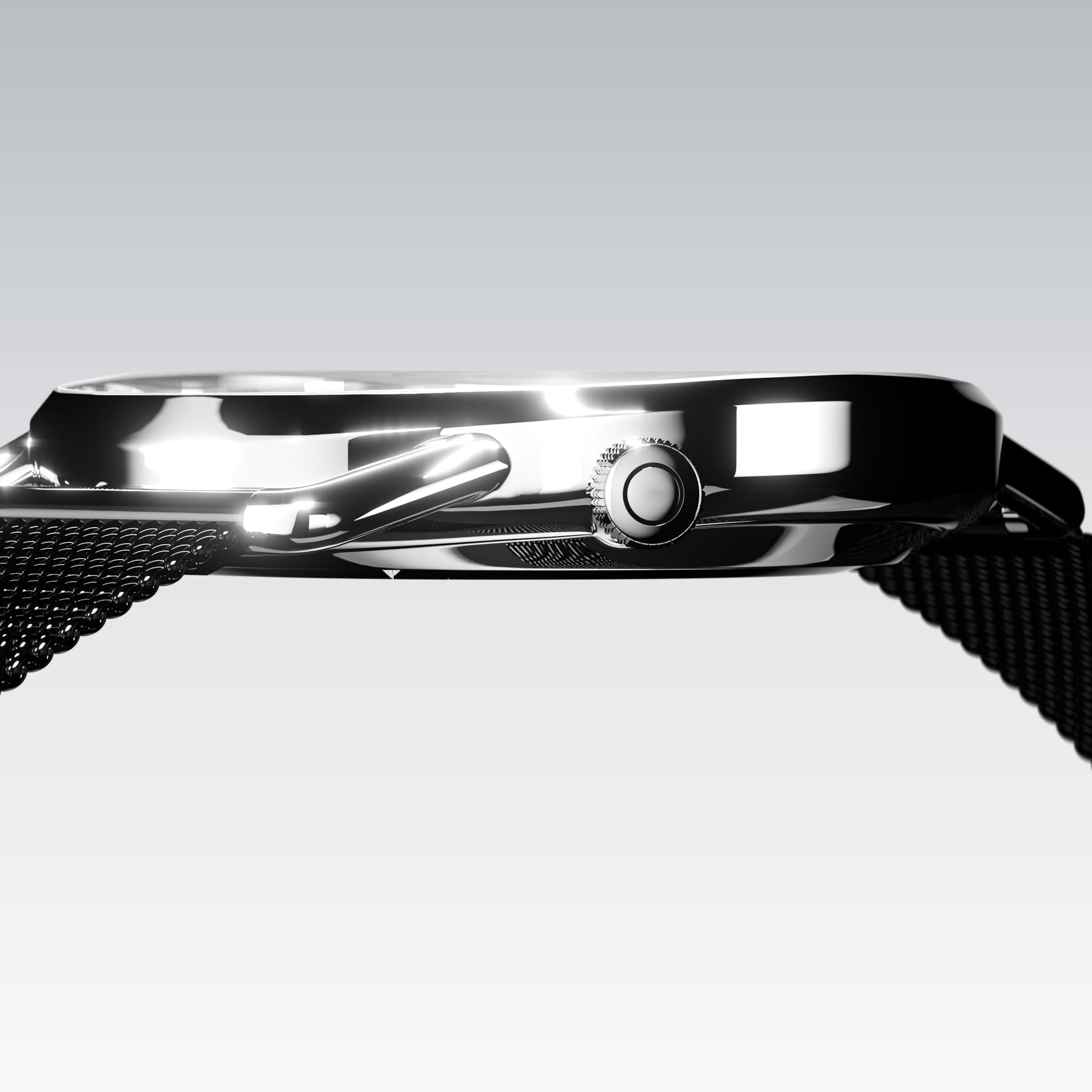 Side profile of the slim Solios Solar Curve, 10mm-thin silver case and crown, the white dial variation, black stainless steel mesh strap