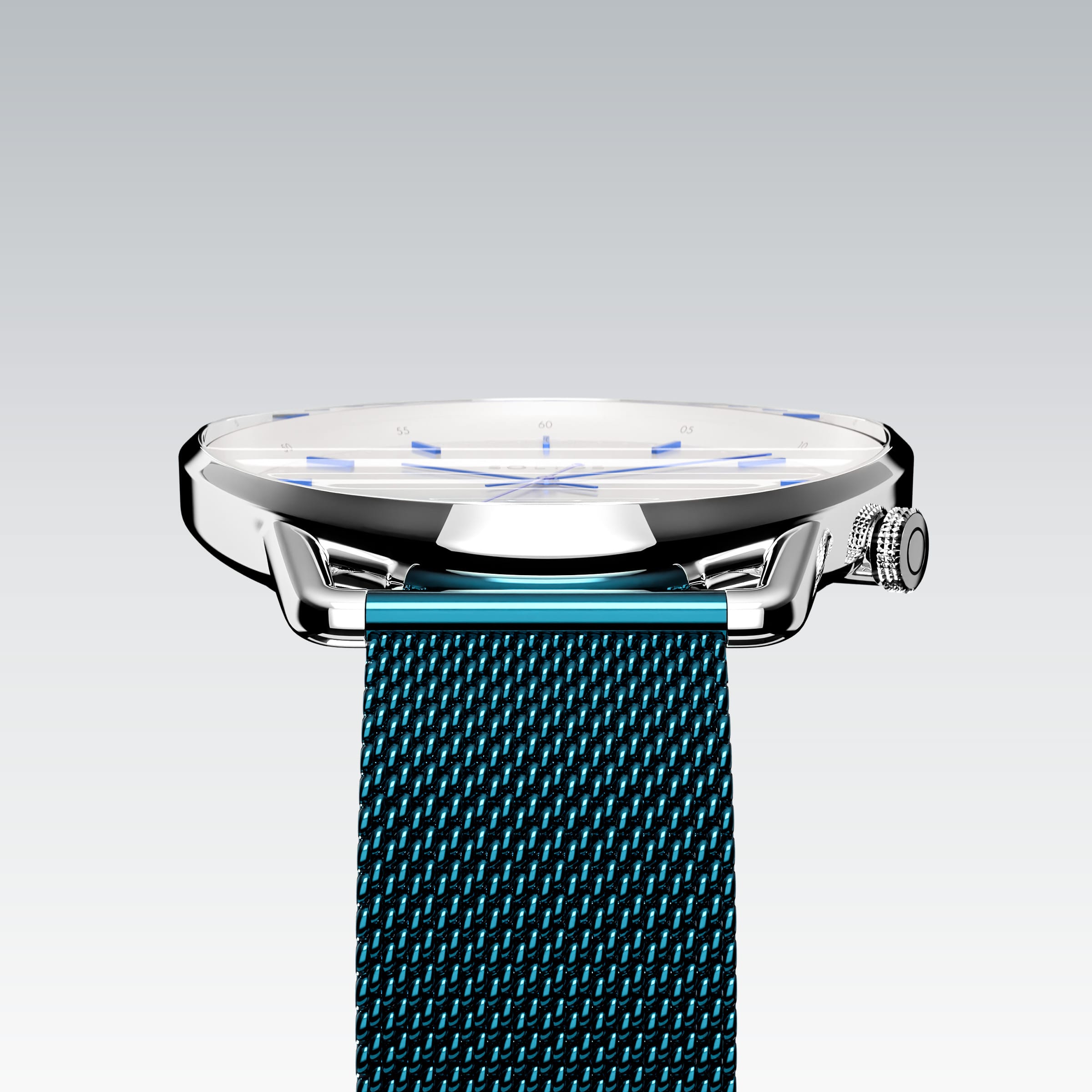 Edge view of the Solios Solar Curve's curved sapphire crystal, white dial and slim silver case, blue stainless steel mesh strap