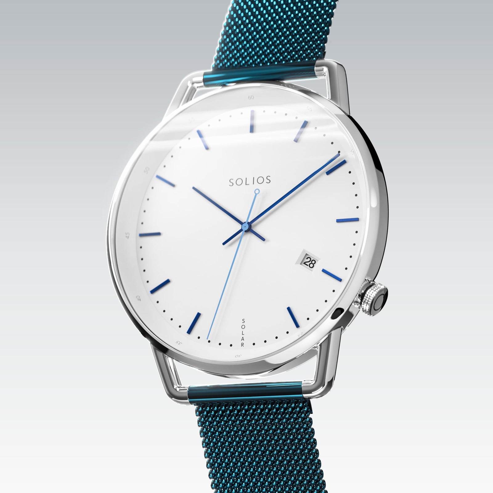 Solios Solar Curve, white dial and silver case, at a three-quarter angle, blue hands and indices, date calendar, curved sapphire crystal, blue stainless steel mesh strap