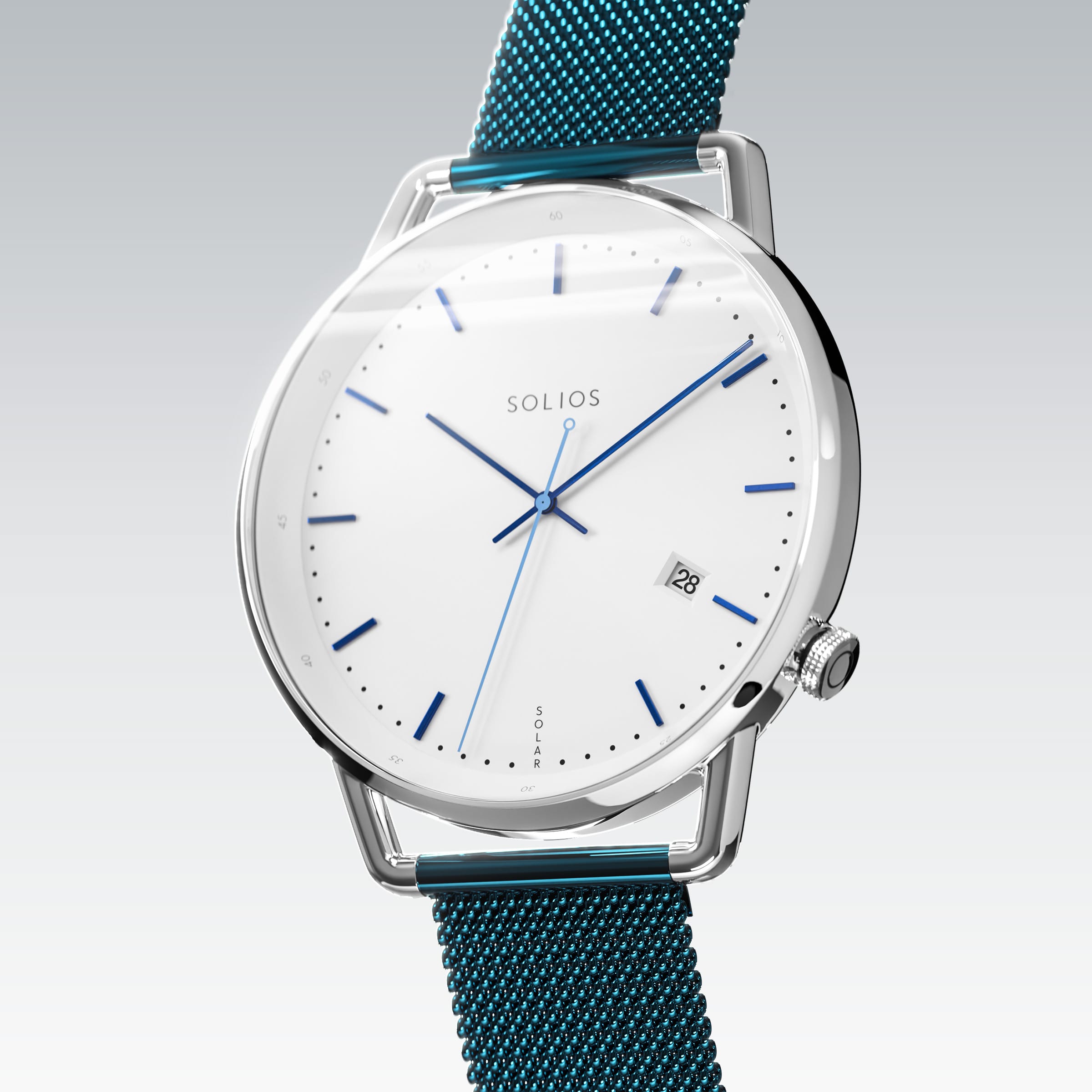 Solios Solar Curve, white dial and silver case, at a three-quarter angle, blue hands and indices, date calendar, curved sapphire crystal, blue stainless steel mesh strap