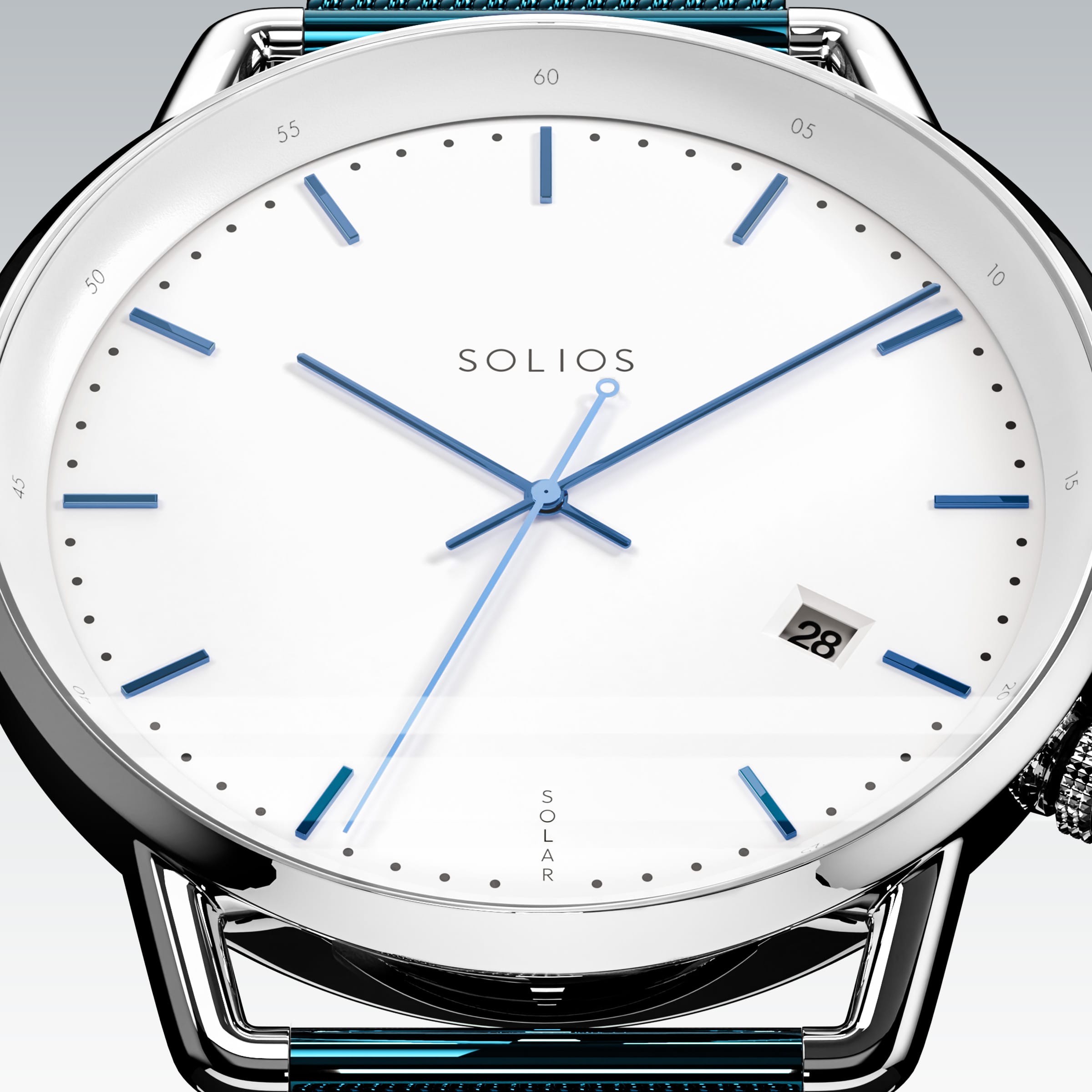 Close-up of the Solios Solar Curve white dial with blue hands, date and SOLAR text, blue stainless steel mesh strap