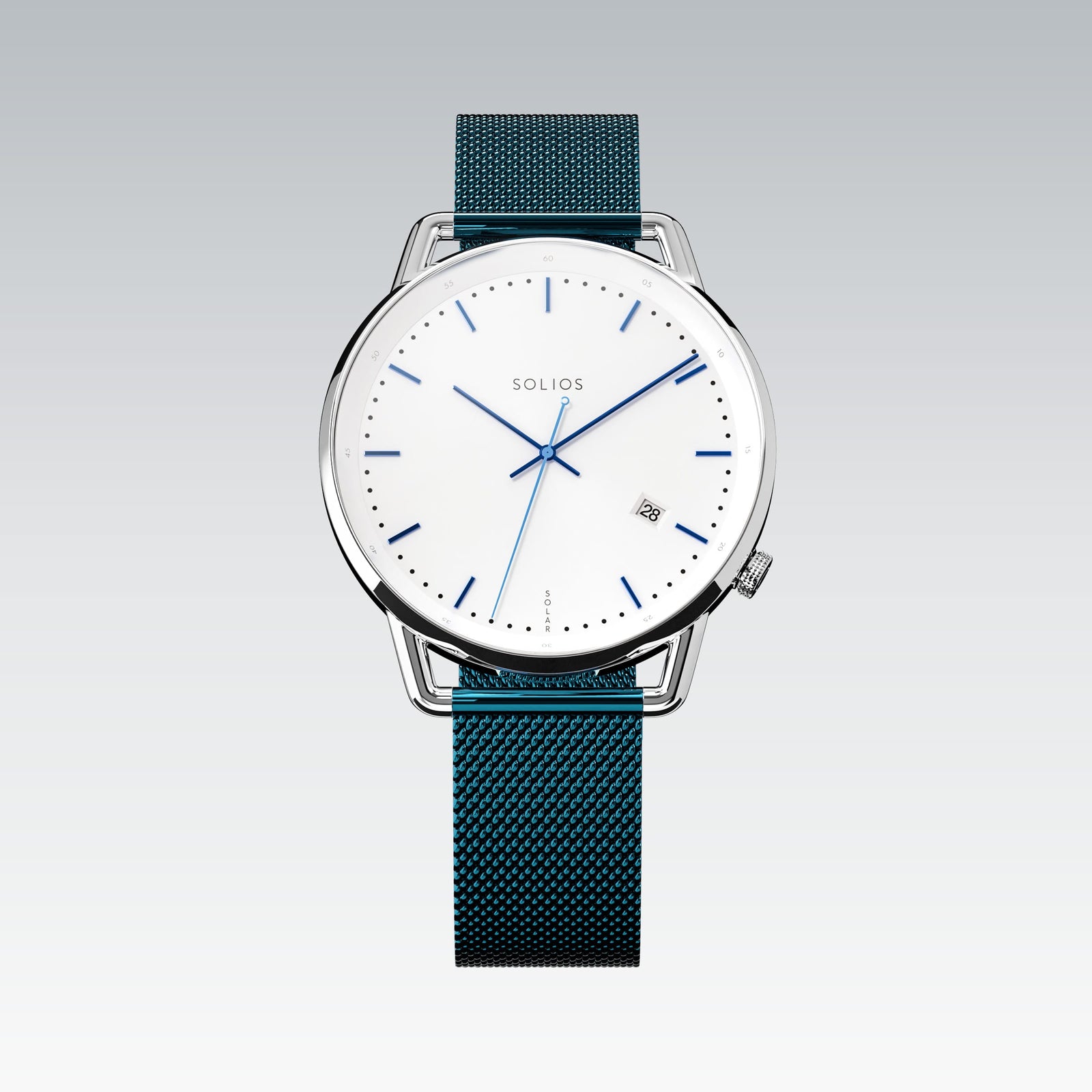 Solios Solar Curve watch, white dial and silver 40mm case, on a blue stainless steel mesh strap, front view