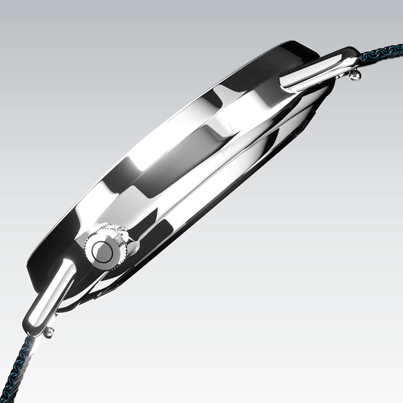 Side profile of the Solios Solar Curve, white dial and silver case, showing its curved sapphire crystal and crown, blue stainless steel mesh strap