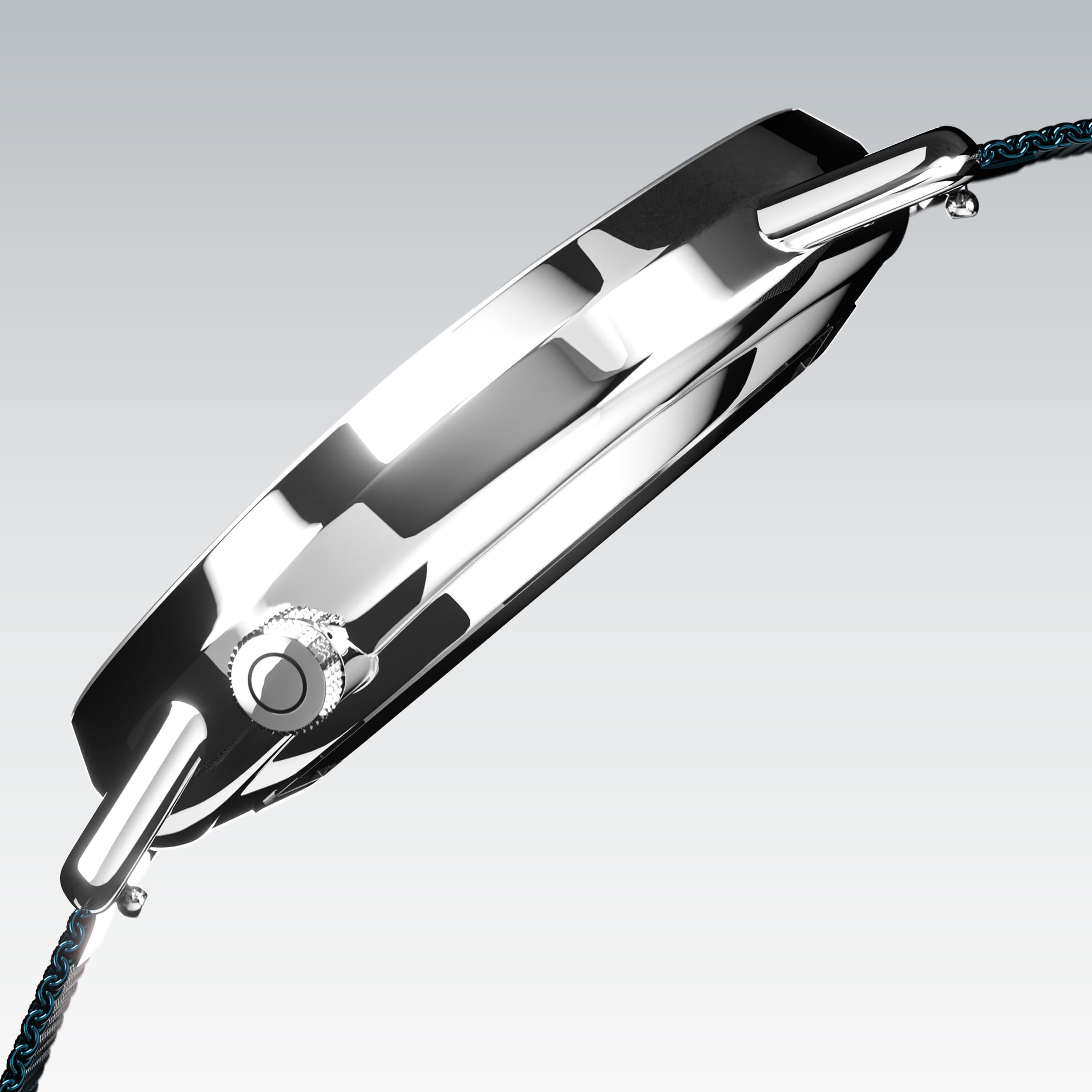 Side profile of the Solios Solar Curve, white dial and silver case, showing its curved sapphire crystal and crown, blue stainless steel mesh strap
