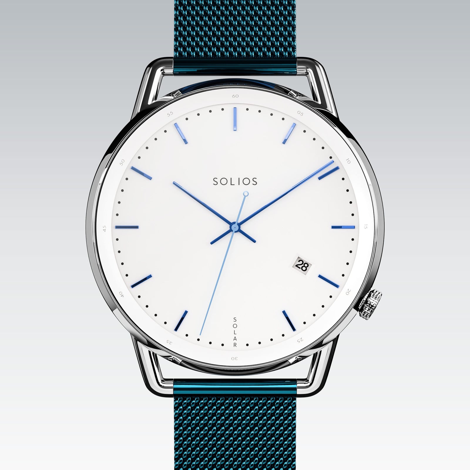 Solios Solar Curve solar watch, white dial and silver 40mm case, blue stainless steel mesh strap, close up front view