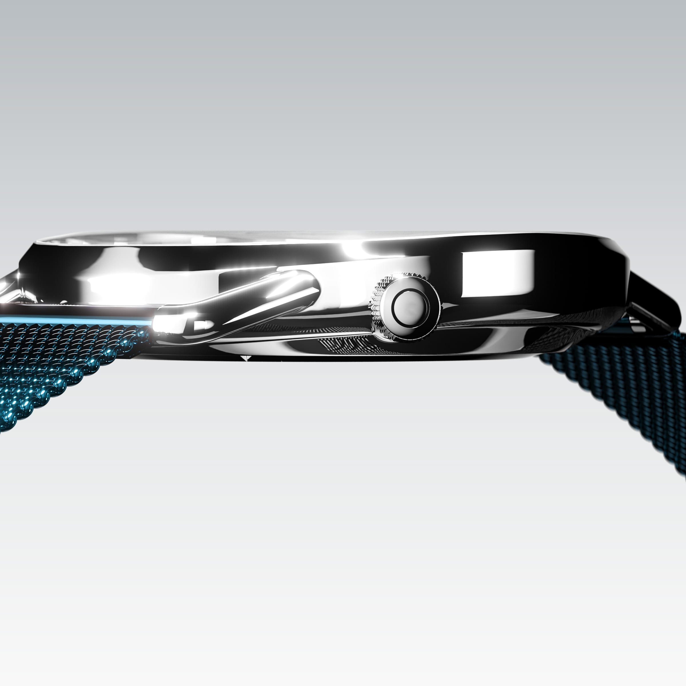 Side profile of the slim Solios Solar Curve, 10mm-thin silver case and crown, the white dial variation, blue stainless steel mesh strap