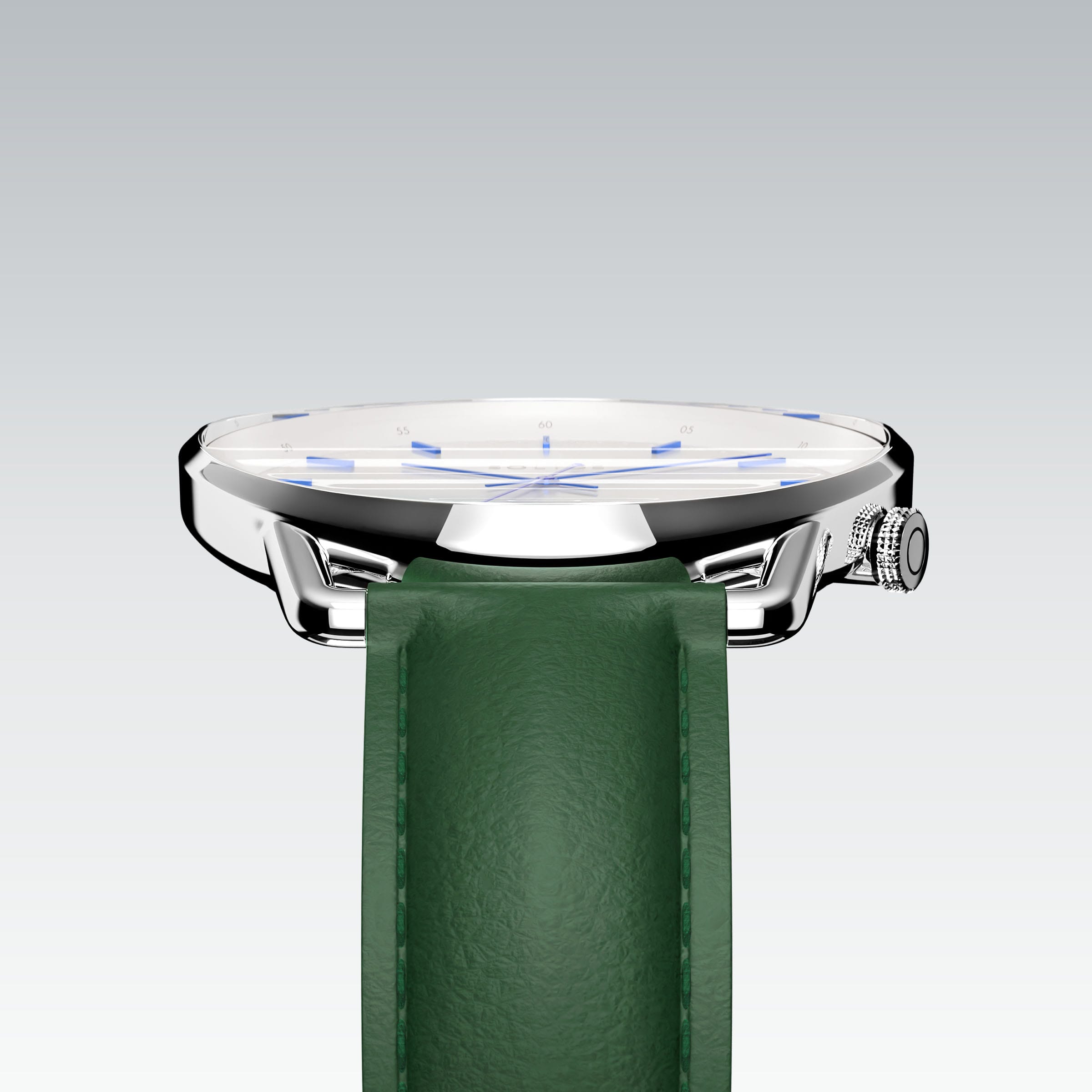 Edge view of the Solios Solar Curve's curved sapphire crystal, white dial and slim silver case, green vegan leather strap