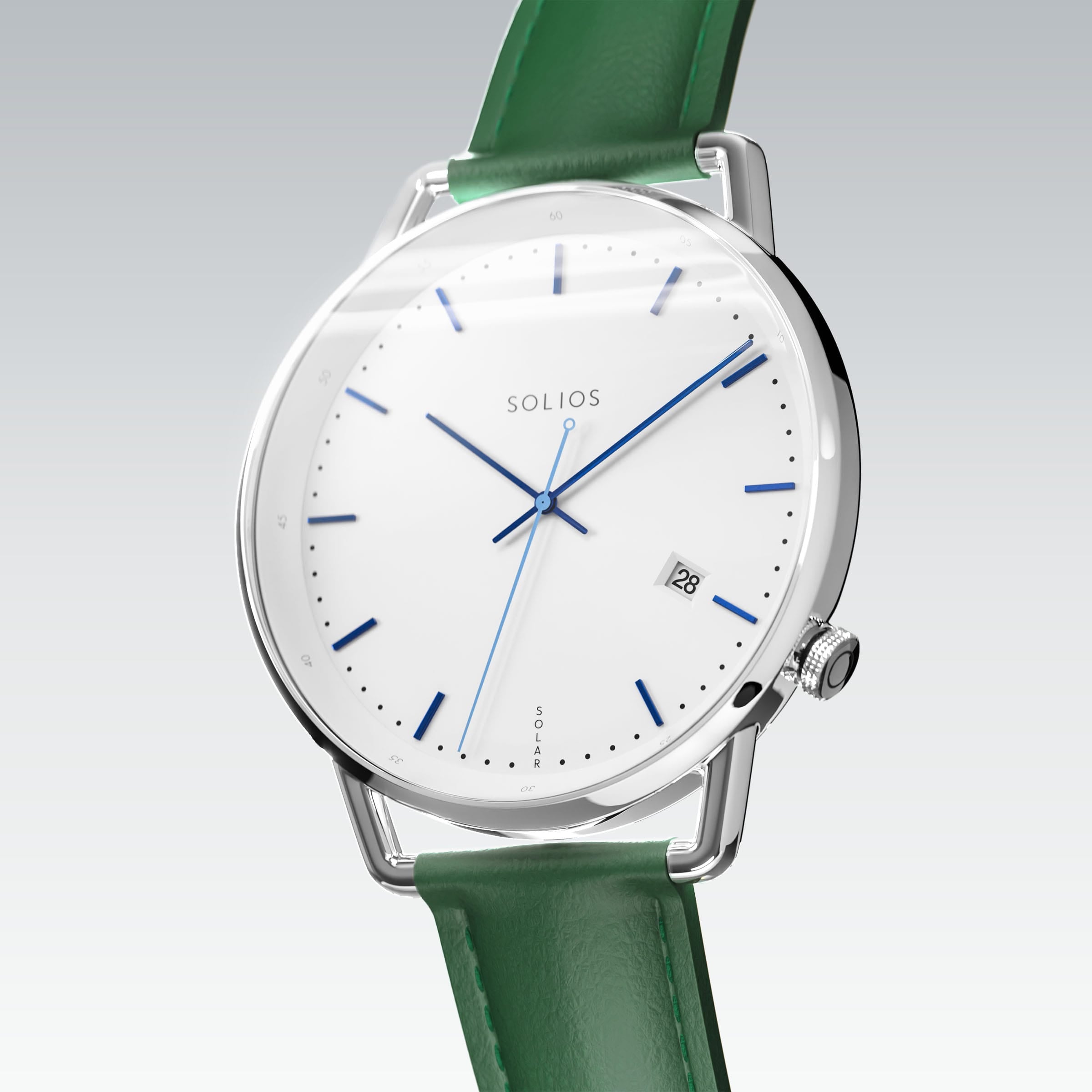 Solios Solar Curve, white dial and silver case, at a three-quarter angle, blue hands and indices, date calendar, curved sapphire crystal, green vegan leather strap