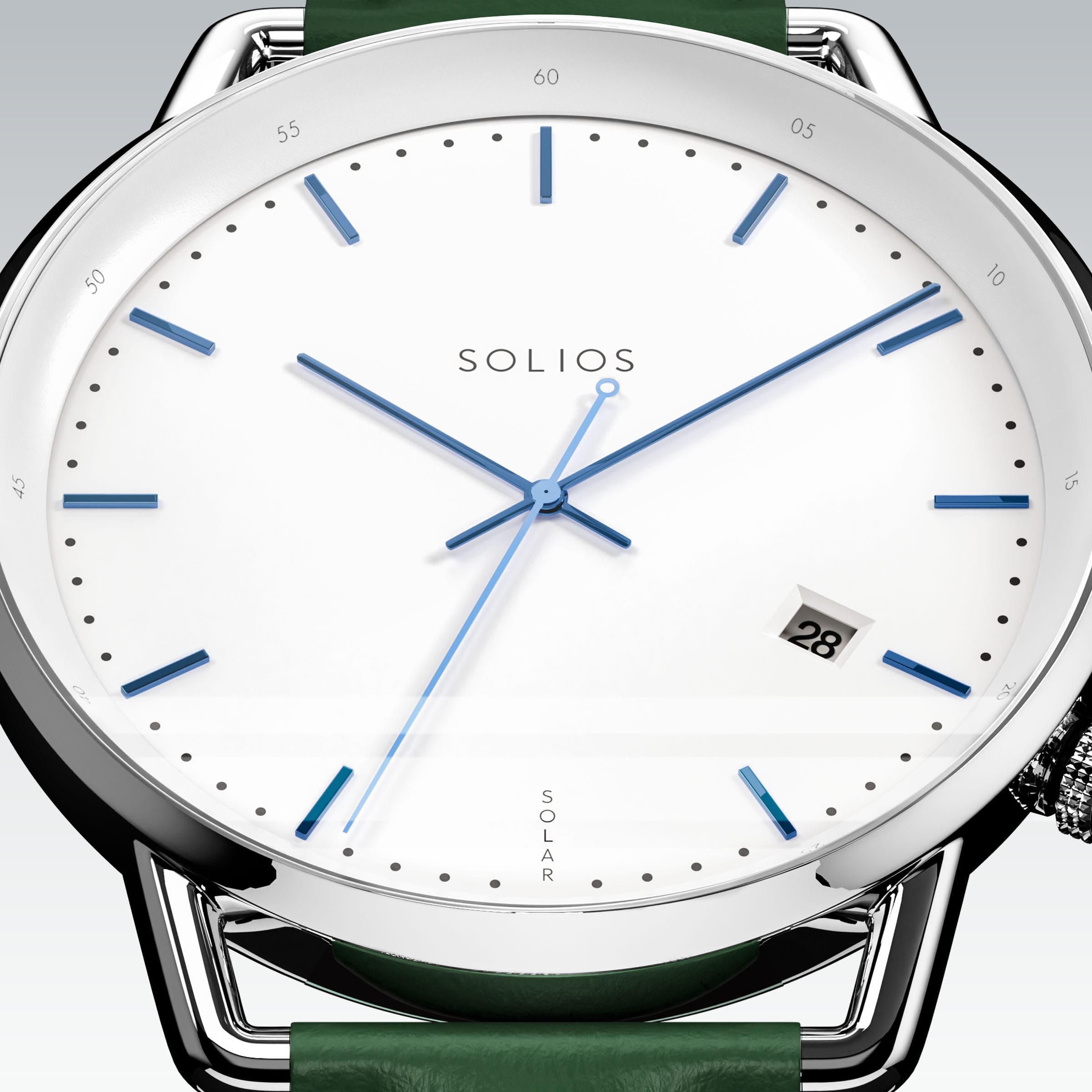 Close-up of the Solios Solar Curve white dial with blue hands, date and SOLAR text, green vegan leather strap