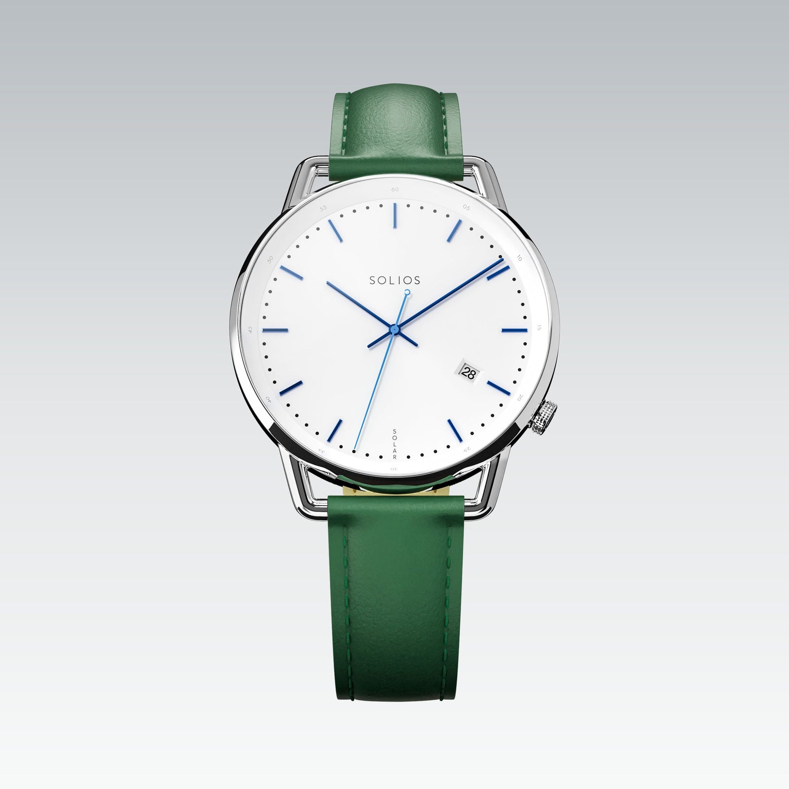 Solios Solar Curve watch, white dial and silver 40mm case, on a green vegan leather strap, front view