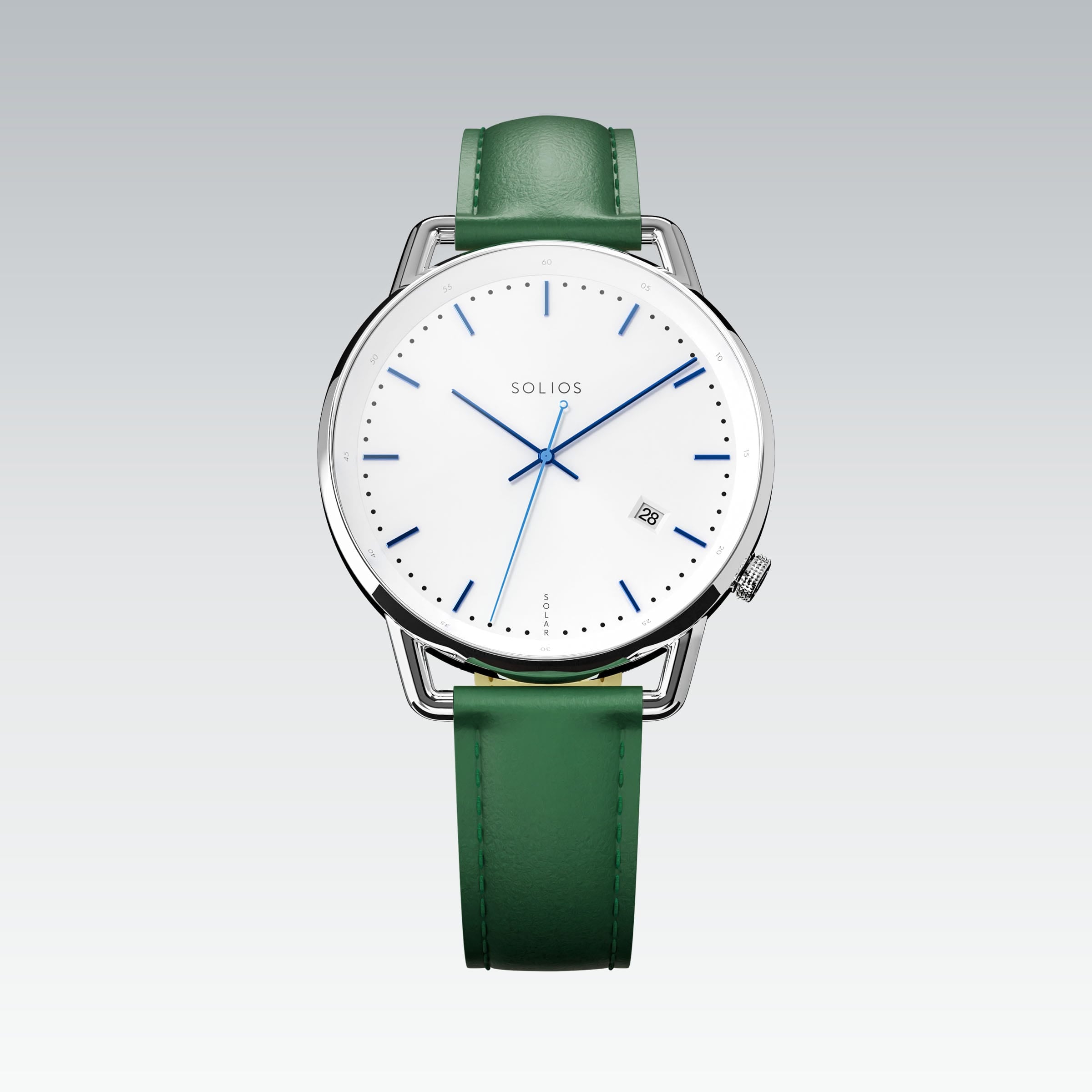 Solios Solar Curve watch, white dial and silver 40mm case, on a green vegan leather strap, front view