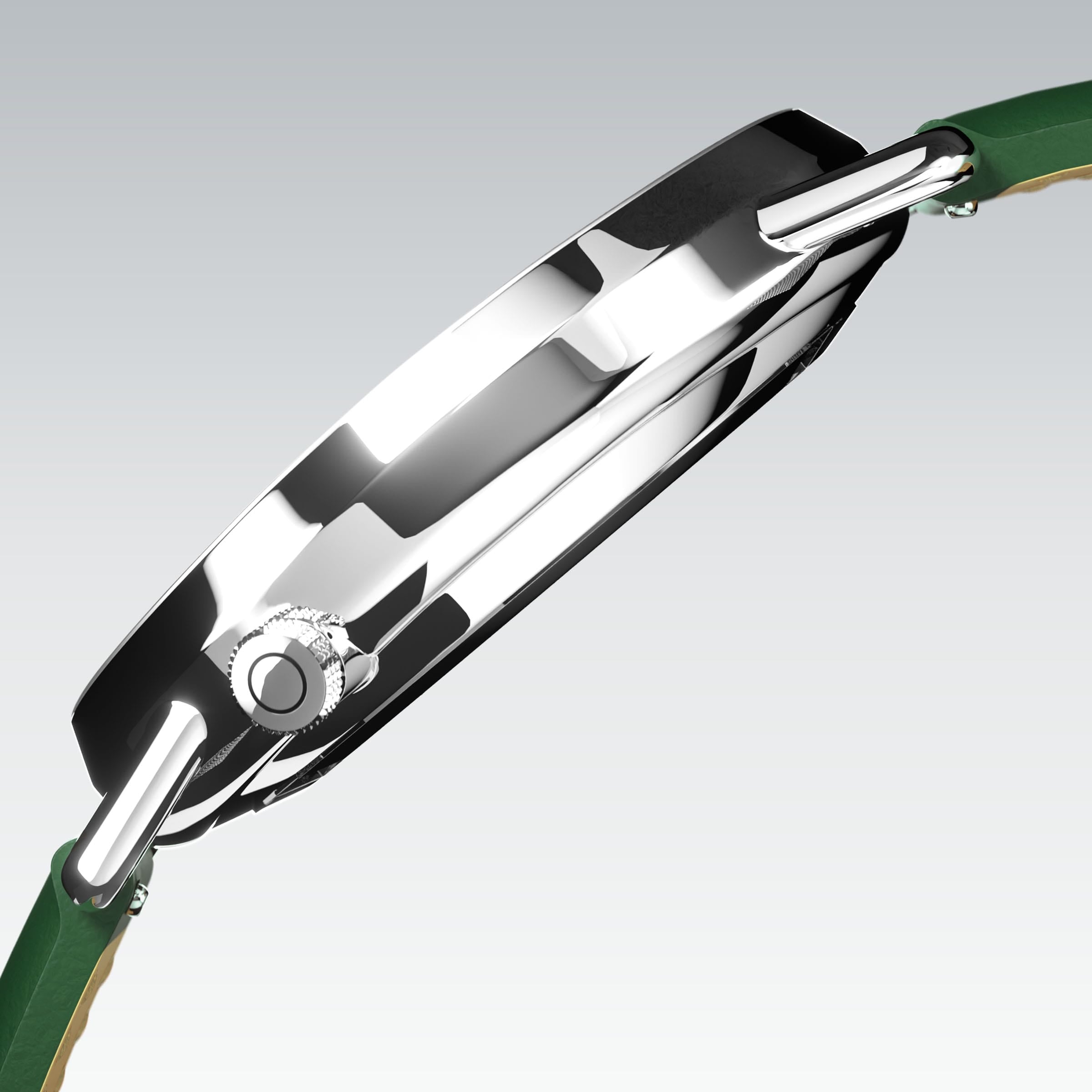 Side profile of the Solios Solar Curve, white dial and silver case, showing its curved sapphire crystal and crown, green vegan leather strap