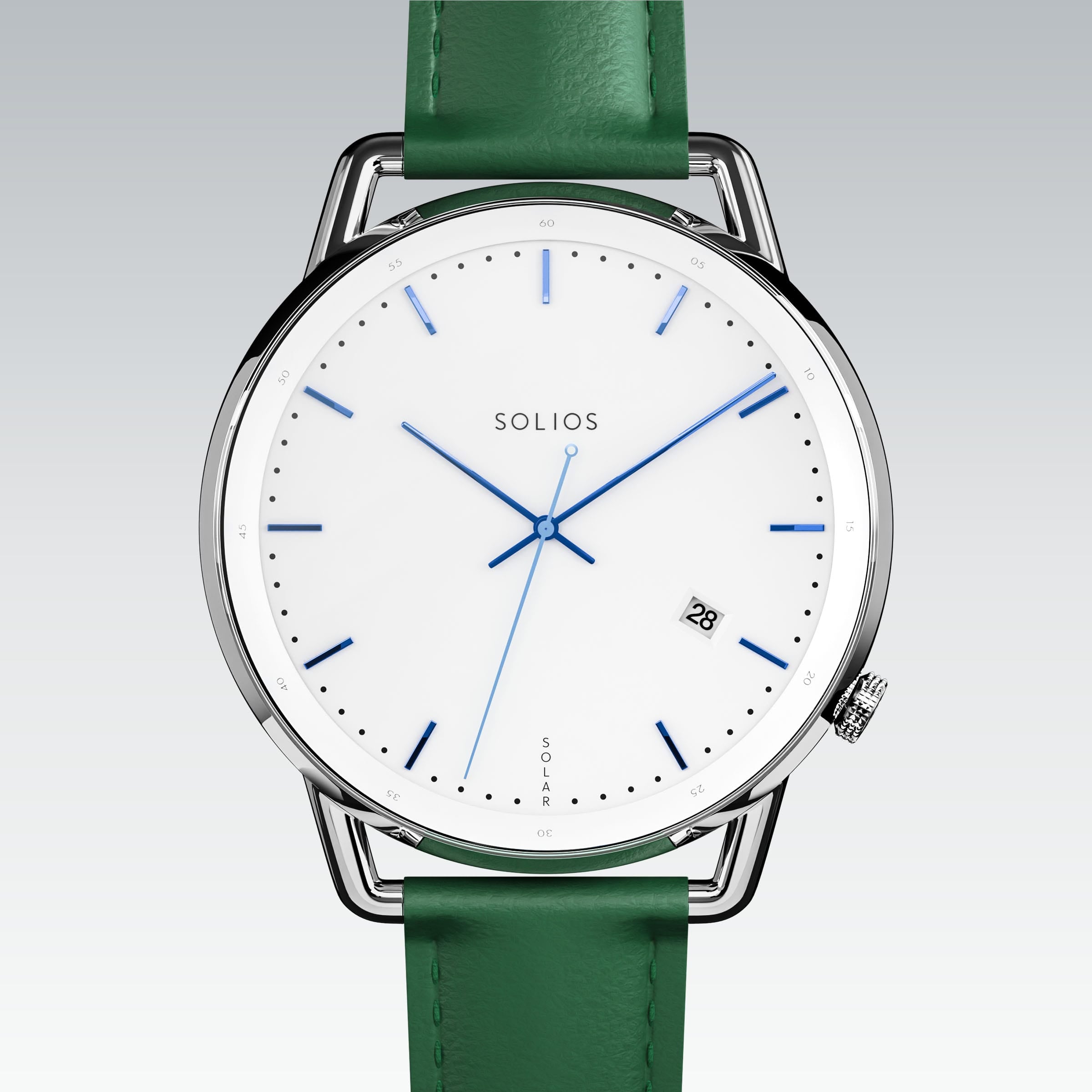 Solios Solar Curve solar watch, white dial and silver 40mm case, green vegan leather strap, close up front view