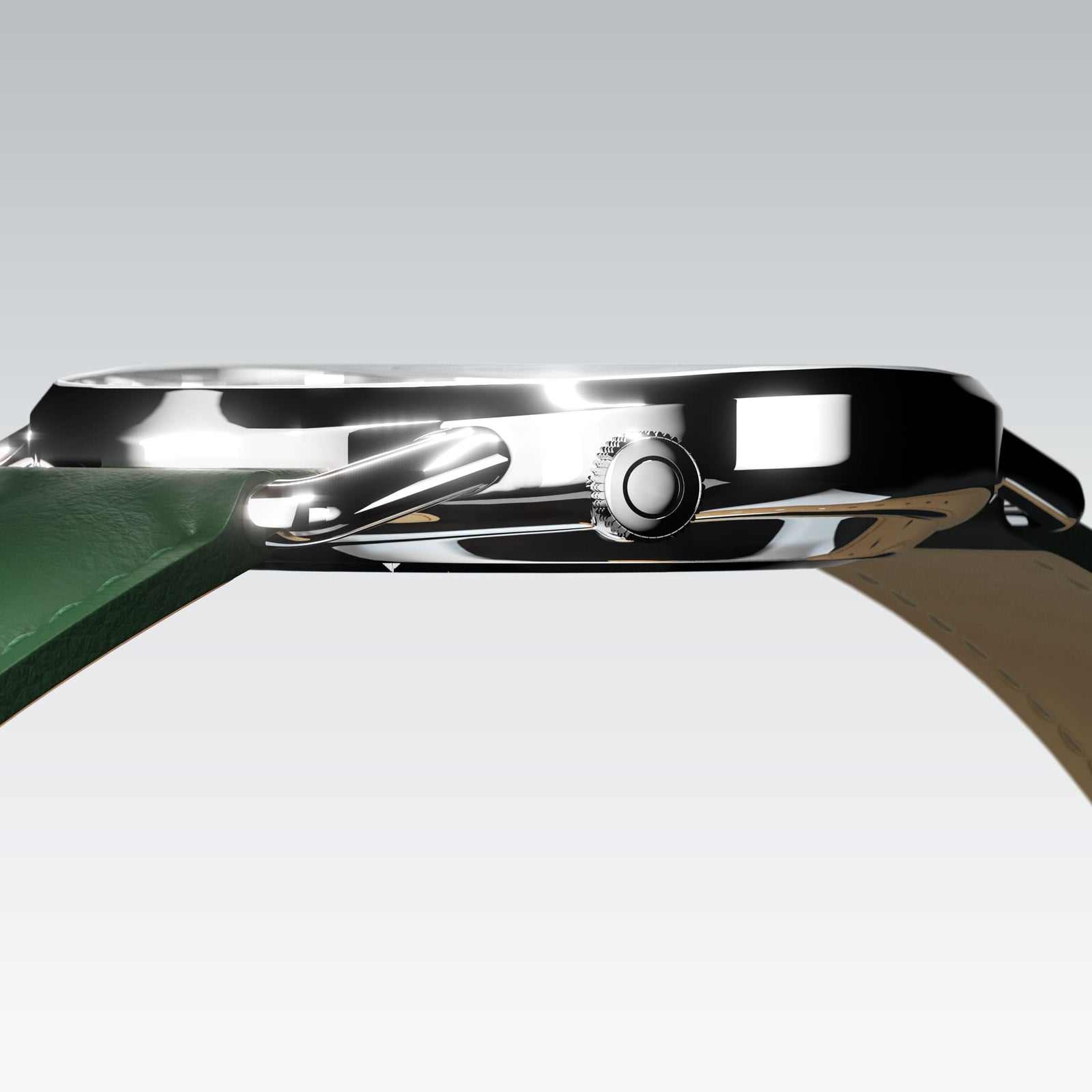 Side profile of the slim Solios Solar Curve, 10mm-thin silver case and crown, the white dial variation, green vegan leather strap