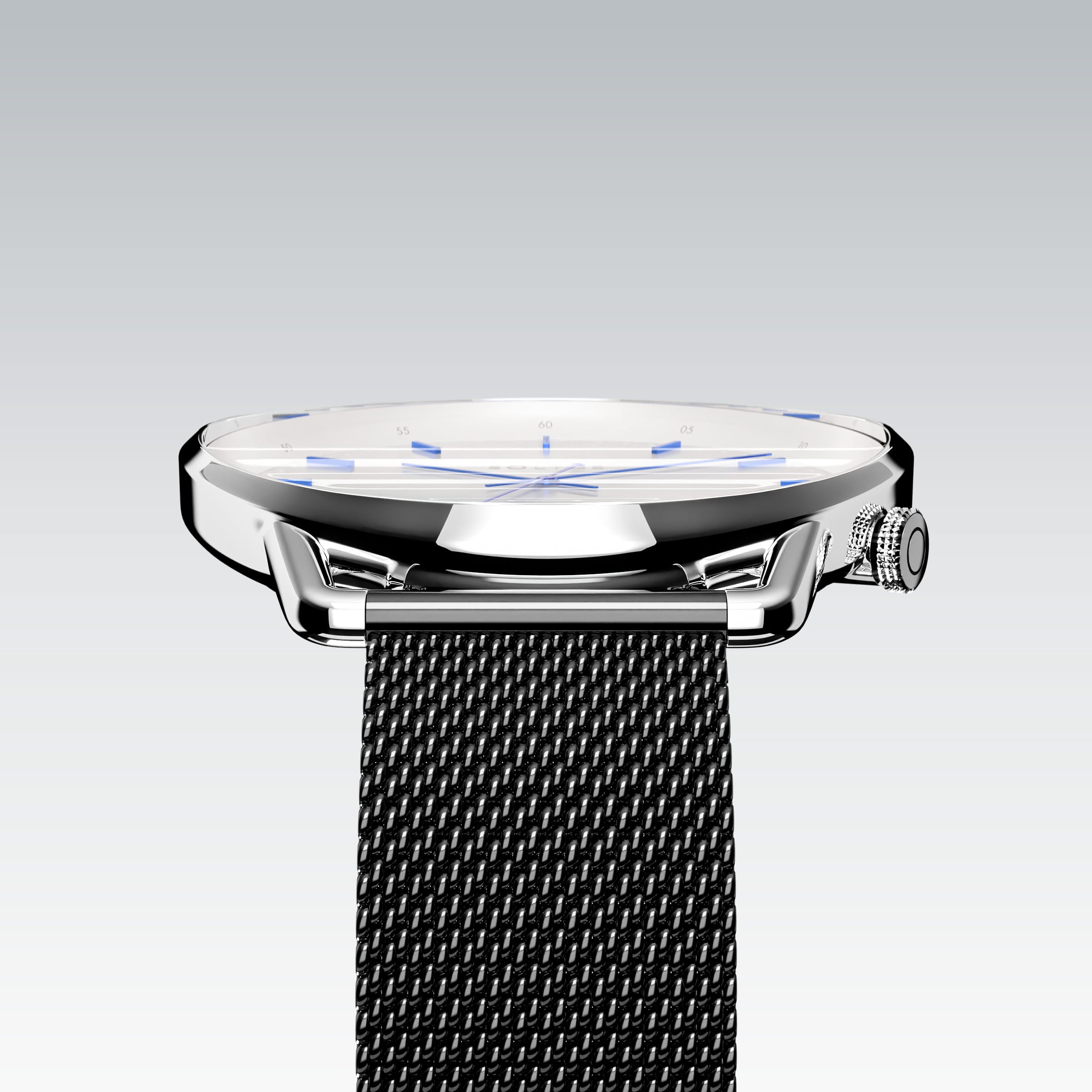 Edge view of the Solios Solar Curve's curved sapphire crystal, white dial and slim silver case, grey stainless steel mesh strap