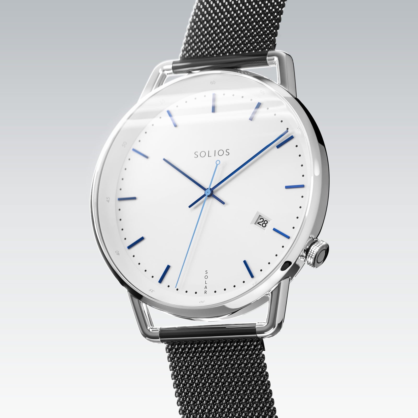 Solios Solar Curve, white dial and silver case, at a three-quarter angle, blue hands and indices, date calendar, curved sapphire crystal, grey stainless steel mesh strap