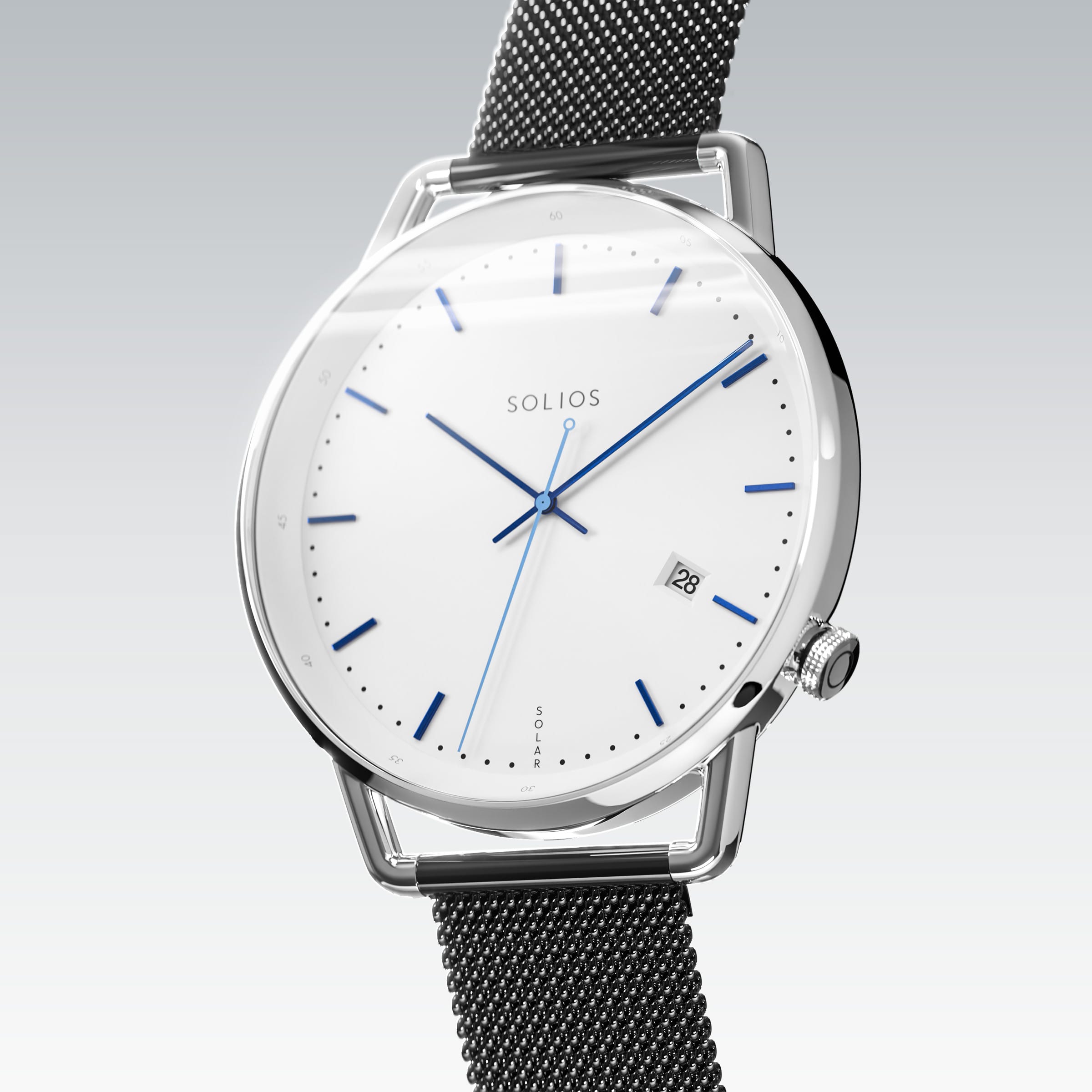 Solios Solar Curve, white dial and silver case, at a three-quarter angle, blue hands and indices, date calendar, curved sapphire crystal, grey stainless steel mesh strap