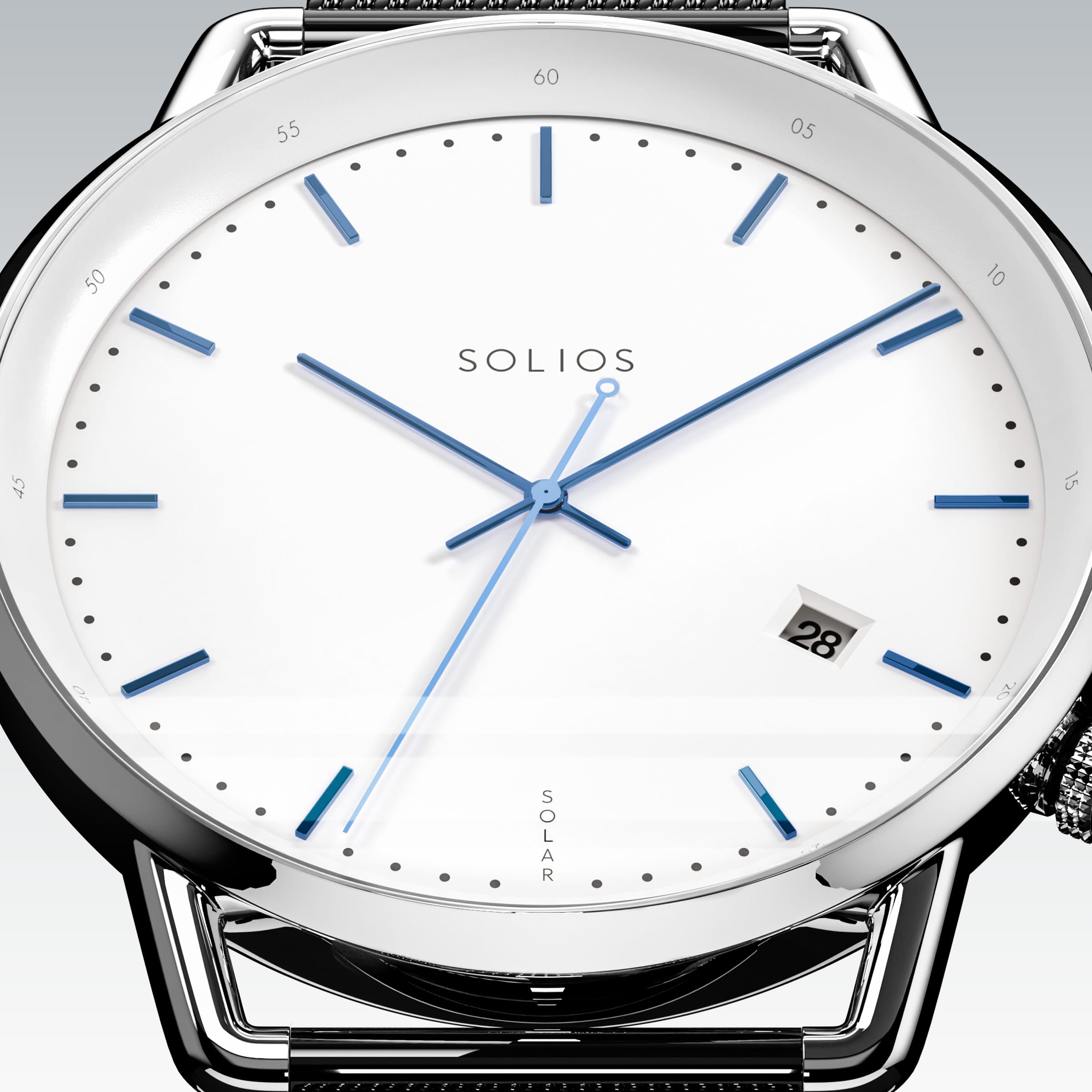 Close-up of the Solios Solar Curve white dial with blue hands, date and SOLAR text, grey stainless steel mesh strap