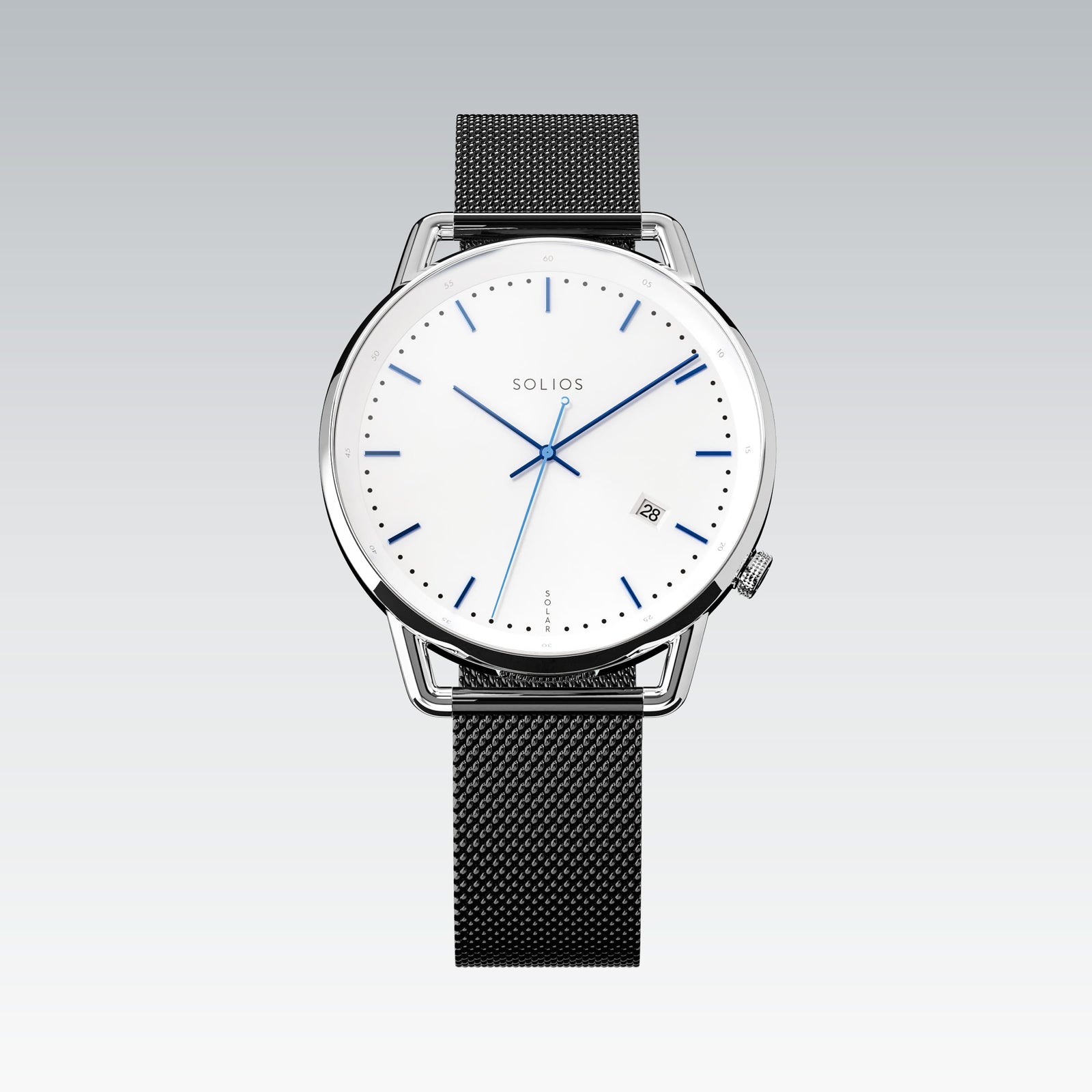Solios Solar Curve watch, white dial and silver 40mm case, on a grey stainless steel mesh strap, front view