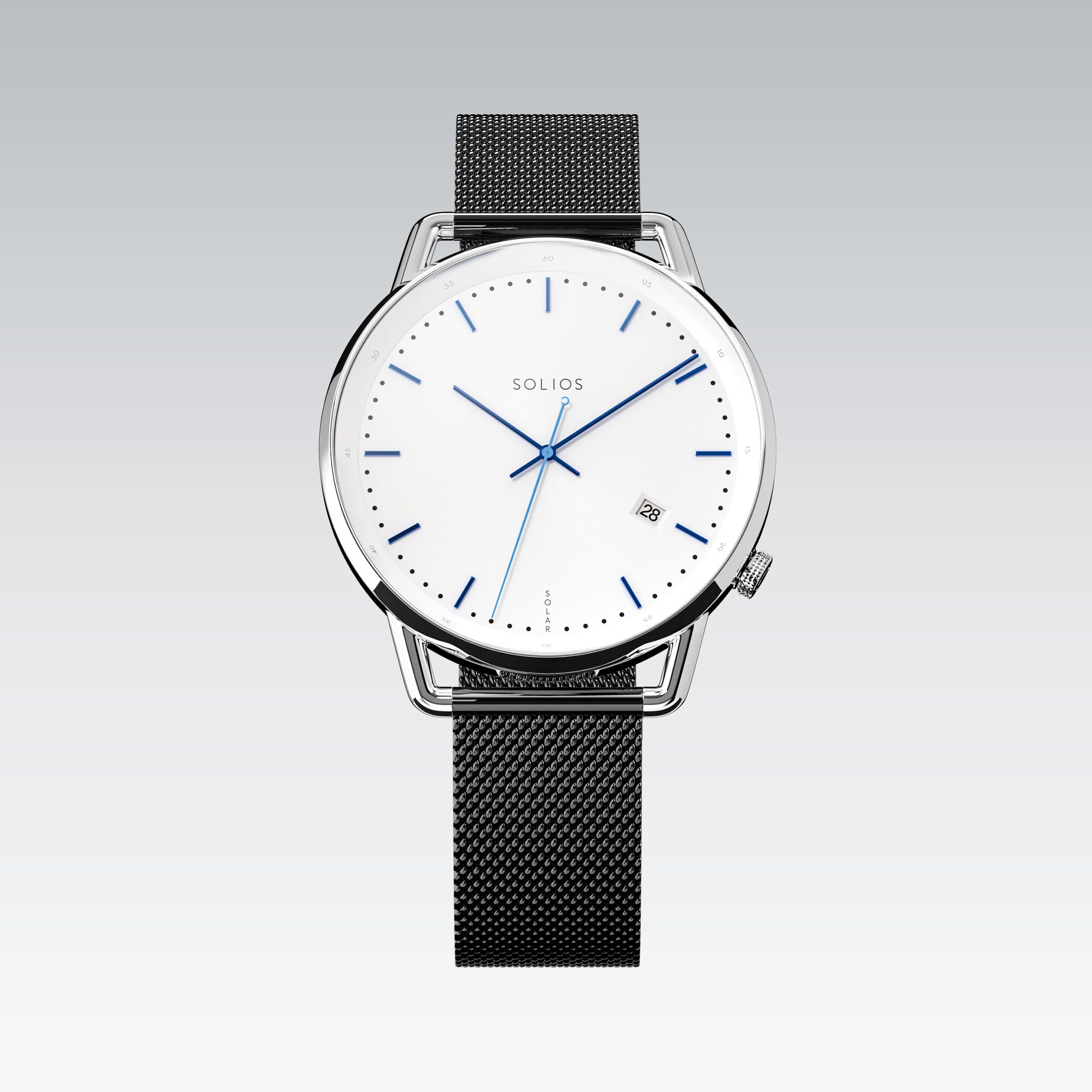 Solios Solar Curve watch, white dial and silver 40mm case, on a grey stainless steel mesh strap, front view