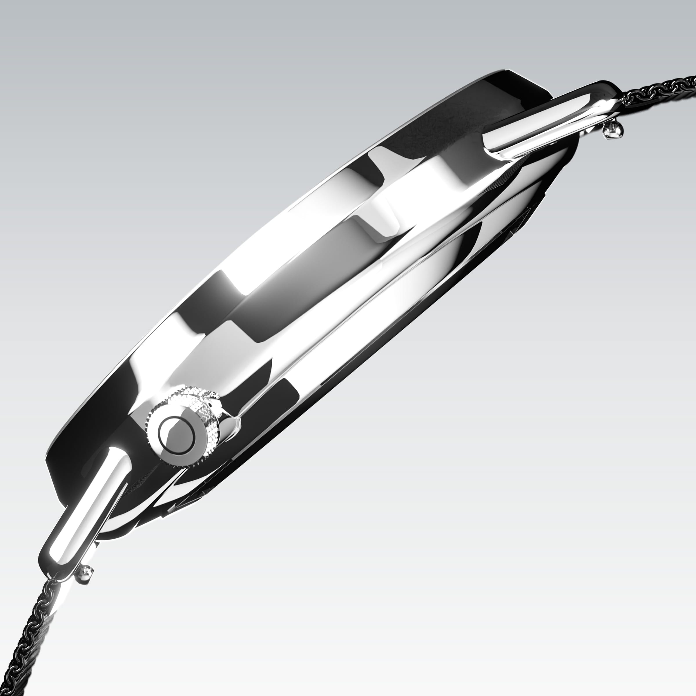Side profile of the Solios Solar Curve, white dial and silver case, showing its curved sapphire crystal and crown, grey stainless steel mesh strap