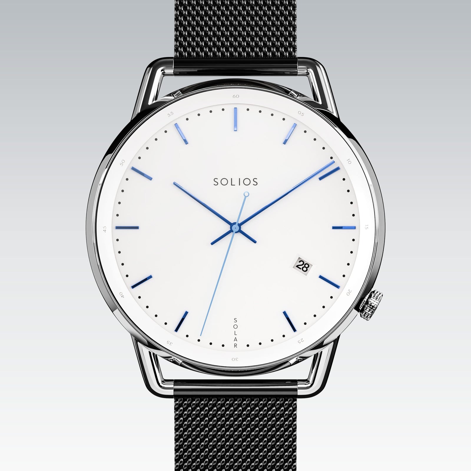 Solios Solar Curve solar watch, white dial and silver 40mm case, grey stainless steel mesh strap, close up front view
