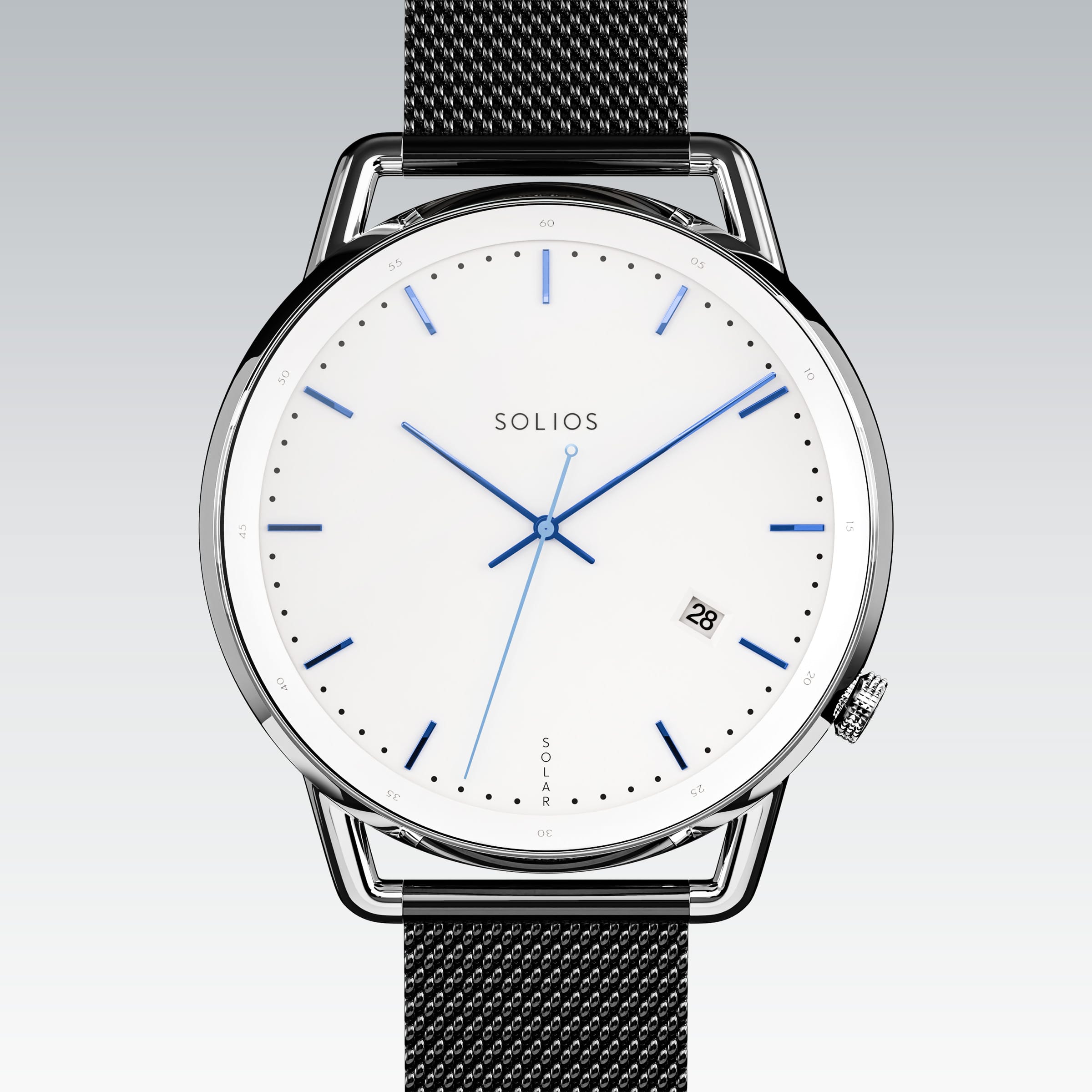 Solios Solar Curve solar watch, white dial and silver 40mm case, grey stainless steel mesh strap, close up front view