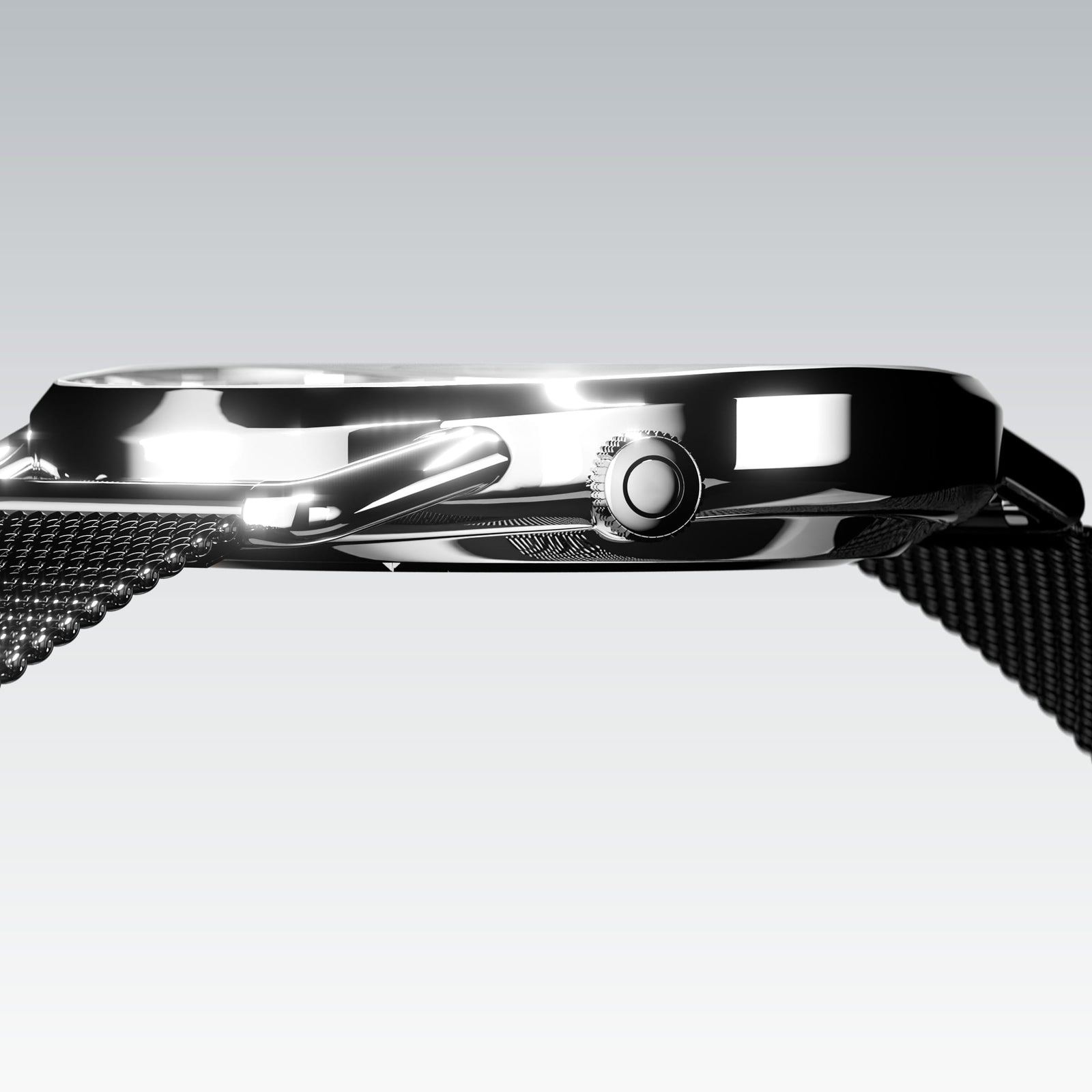 Side profile of the slim Solios Solar Curve, 10mm-thin silver case and crown, the white dial variation, grey stainless steel mesh strap