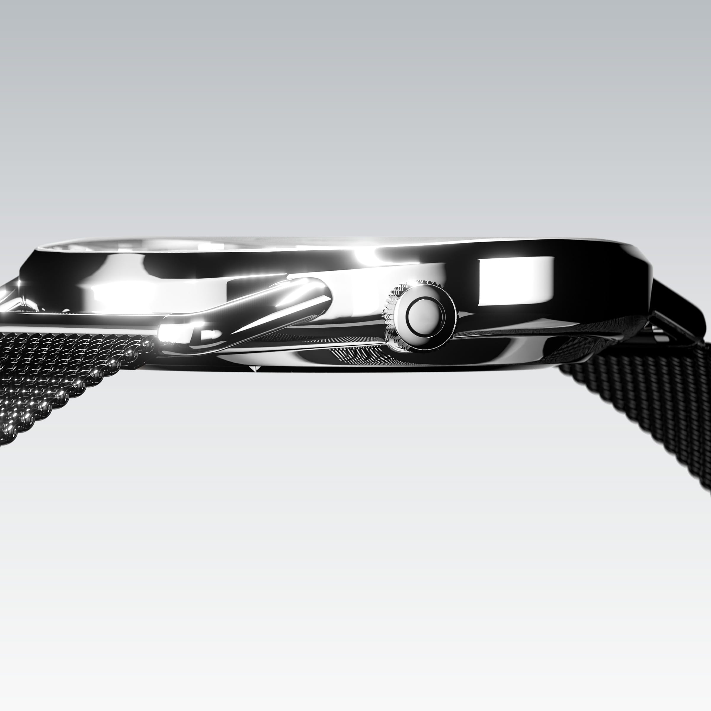 Side profile of the slim Solios Solar Curve, 10mm-thin silver case and crown, the white dial variation, grey stainless steel mesh strap