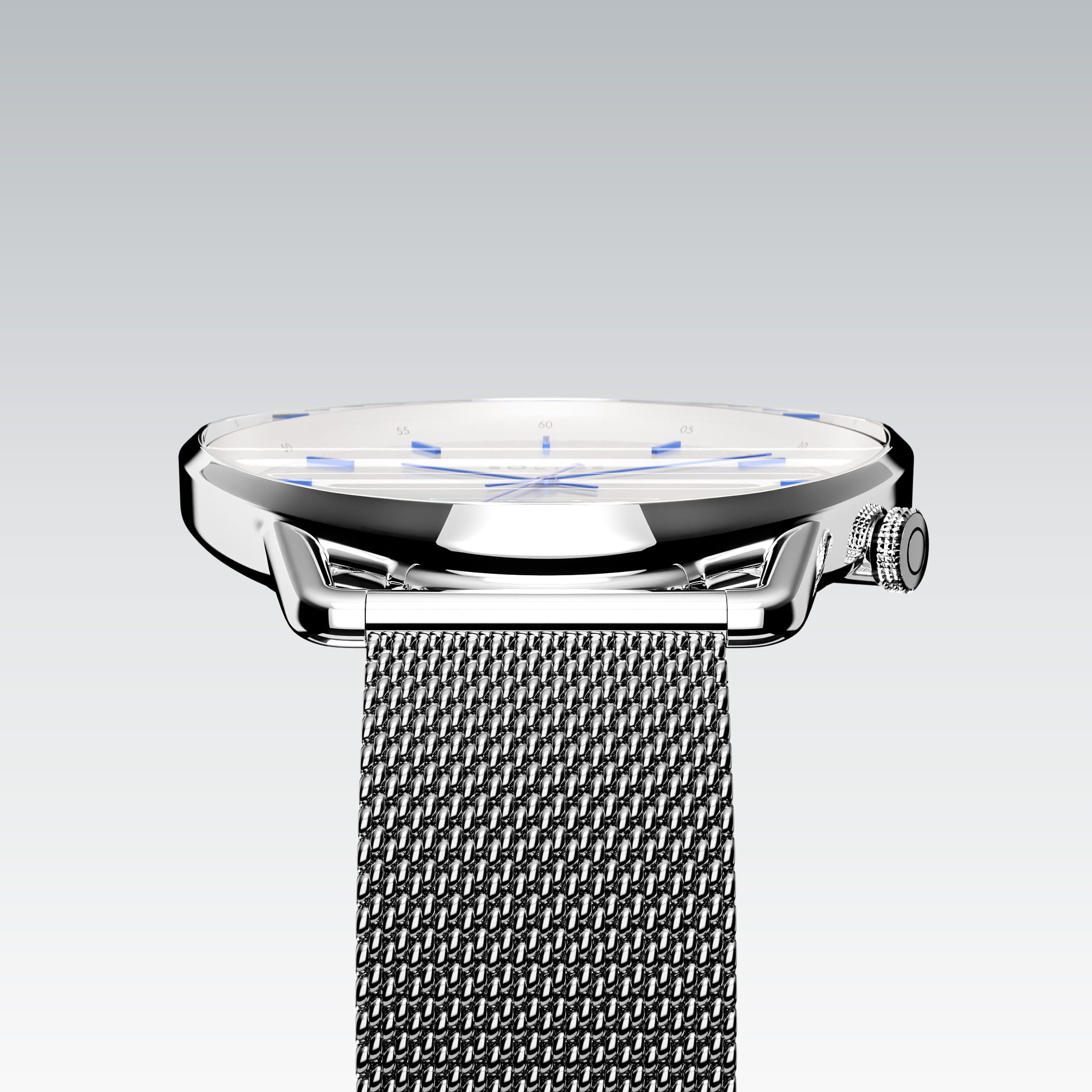 Edge view of the Solios Solar Curve's curved sapphire crystal, white dial and slim silver case, silver stainless steel mesh strap