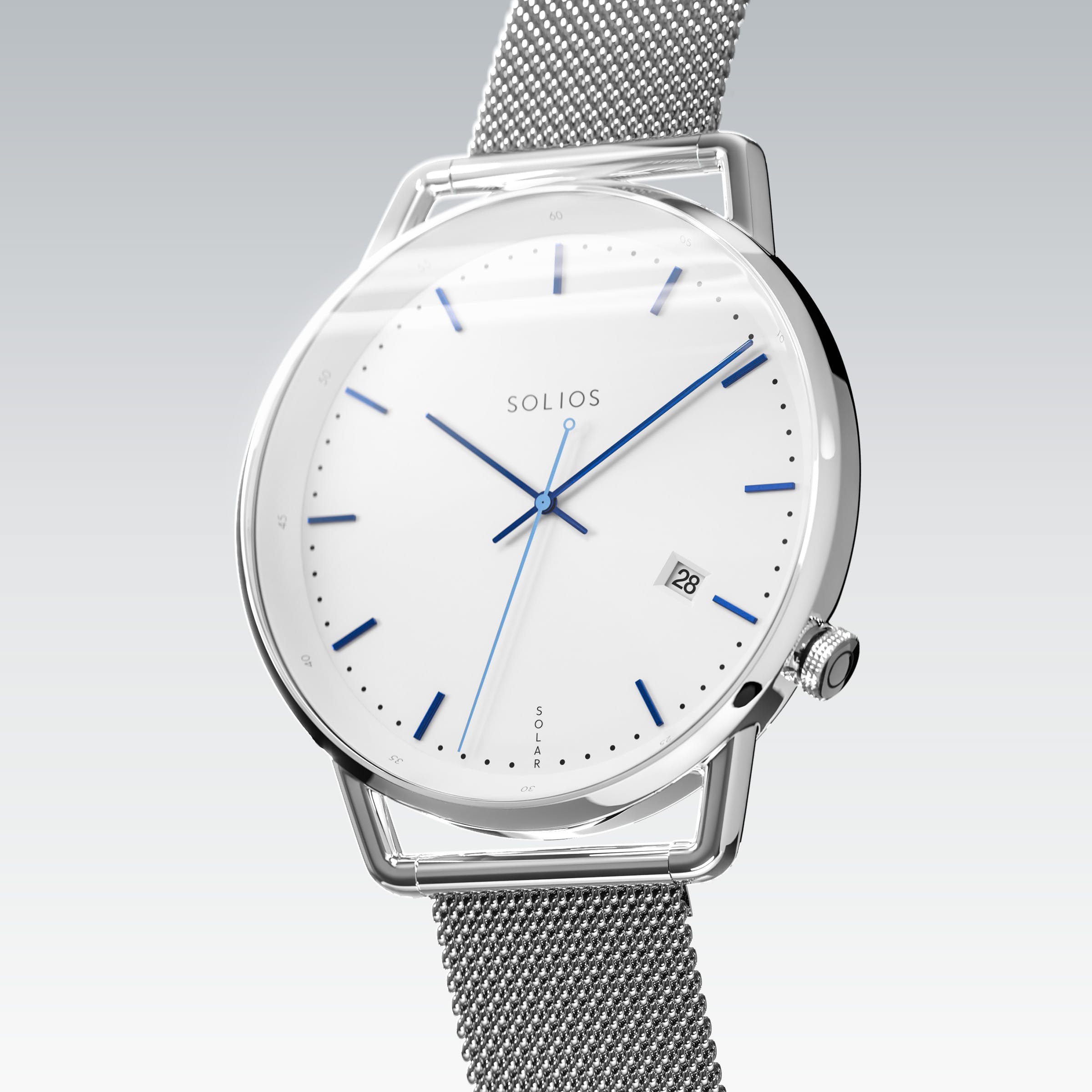 Solios Solar Curve, white dial and silver case, at a three-quarter angle, blue hands and indices, date calendar, curved sapphire crystal, silver stainless steel mesh strap.
