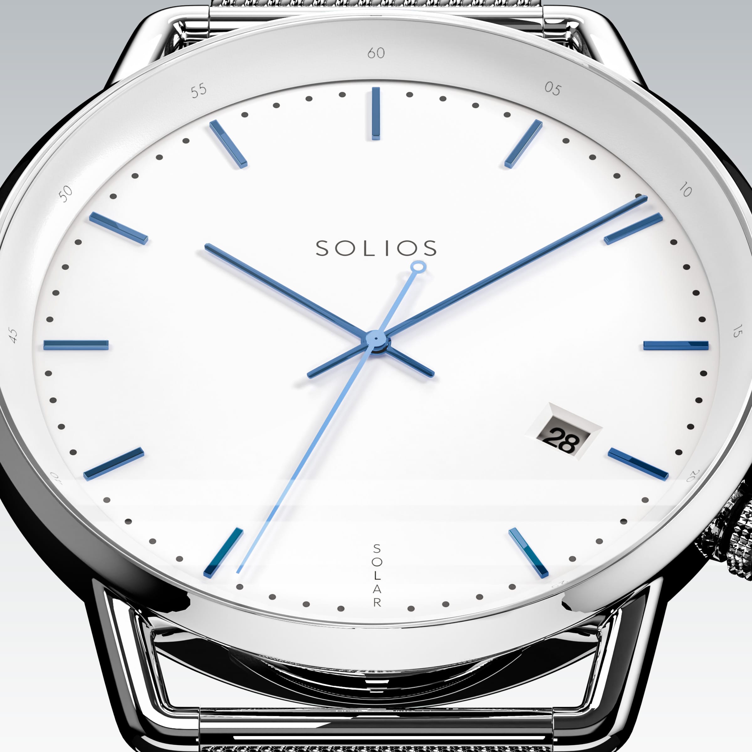 Close-up of the Solios Solar Curve white dial with blue hands, date and SOLAR text, silver stainless steel mesh strap