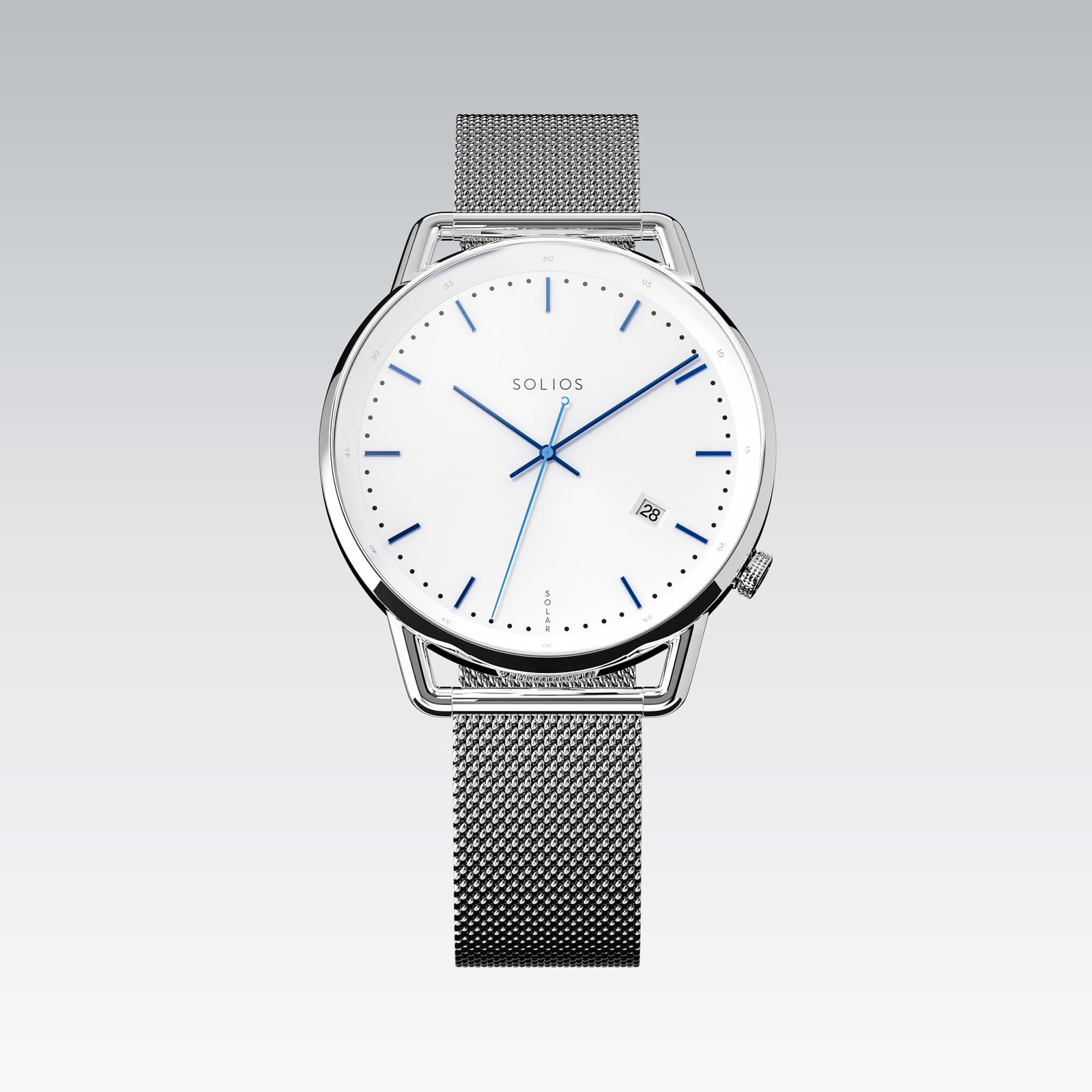 Solios Solar Curve watch, white dial and silver 40mm case, on a silver stainless steel mesh strap, front view