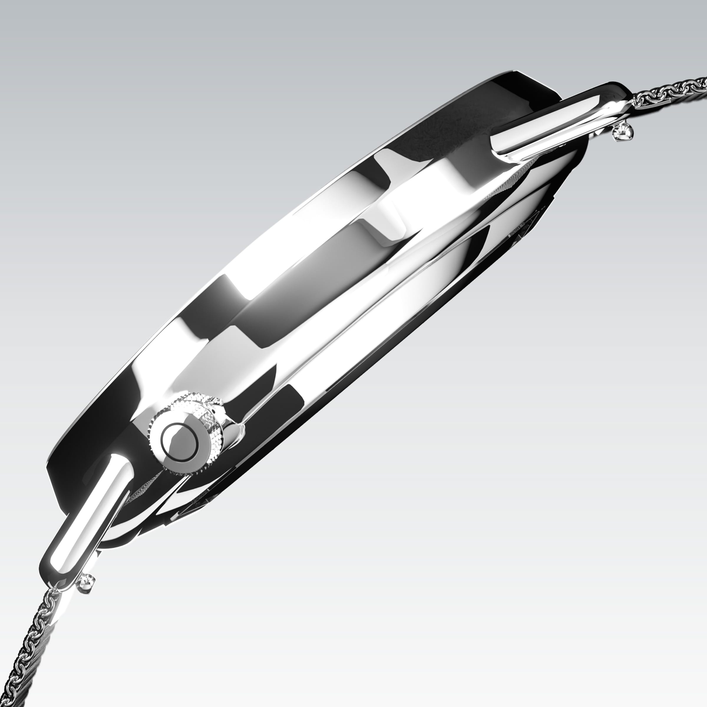 Side profile of the Solios Solar Curve, white dial and silver case, showing its curved sapphire crystal and crown, silver stainless steel mesh strap